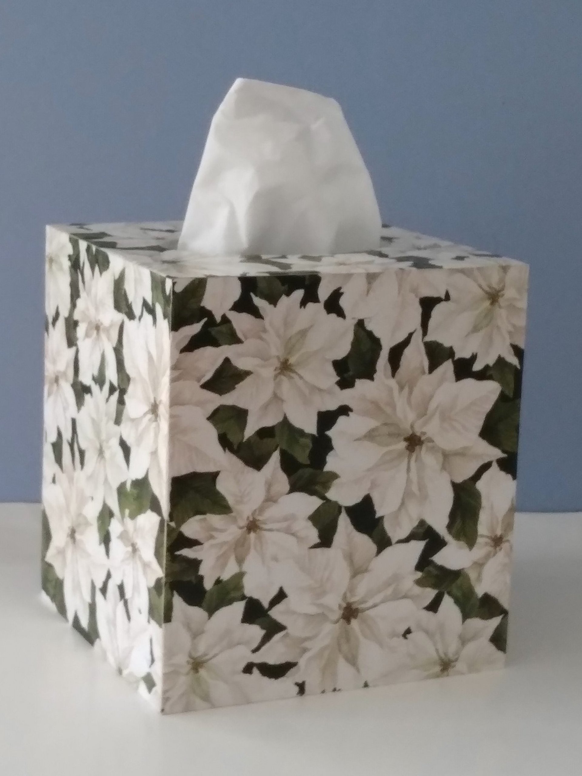 White Poinsettias Tissue Box Cover - Decoupage square tissue holder with winter flowers and leaves