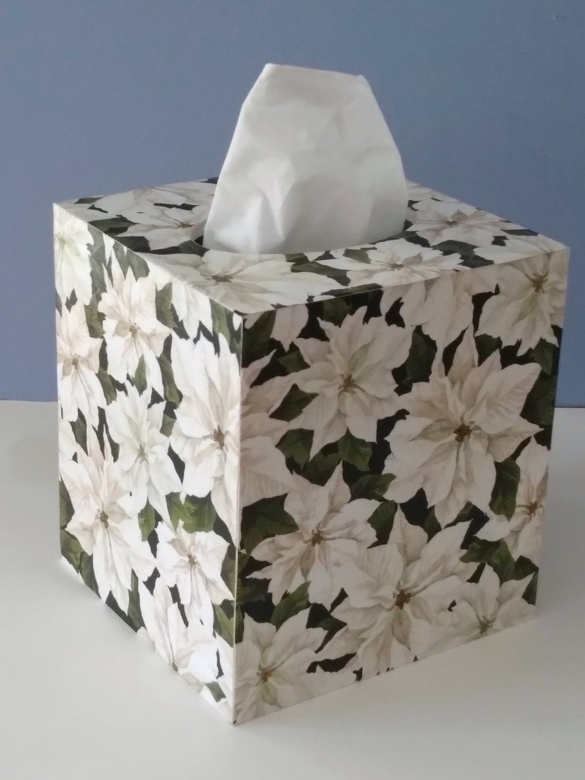 White Poinsettias Tissue Box Cover - Decoupage square tissue holder with winter flowers and leaves