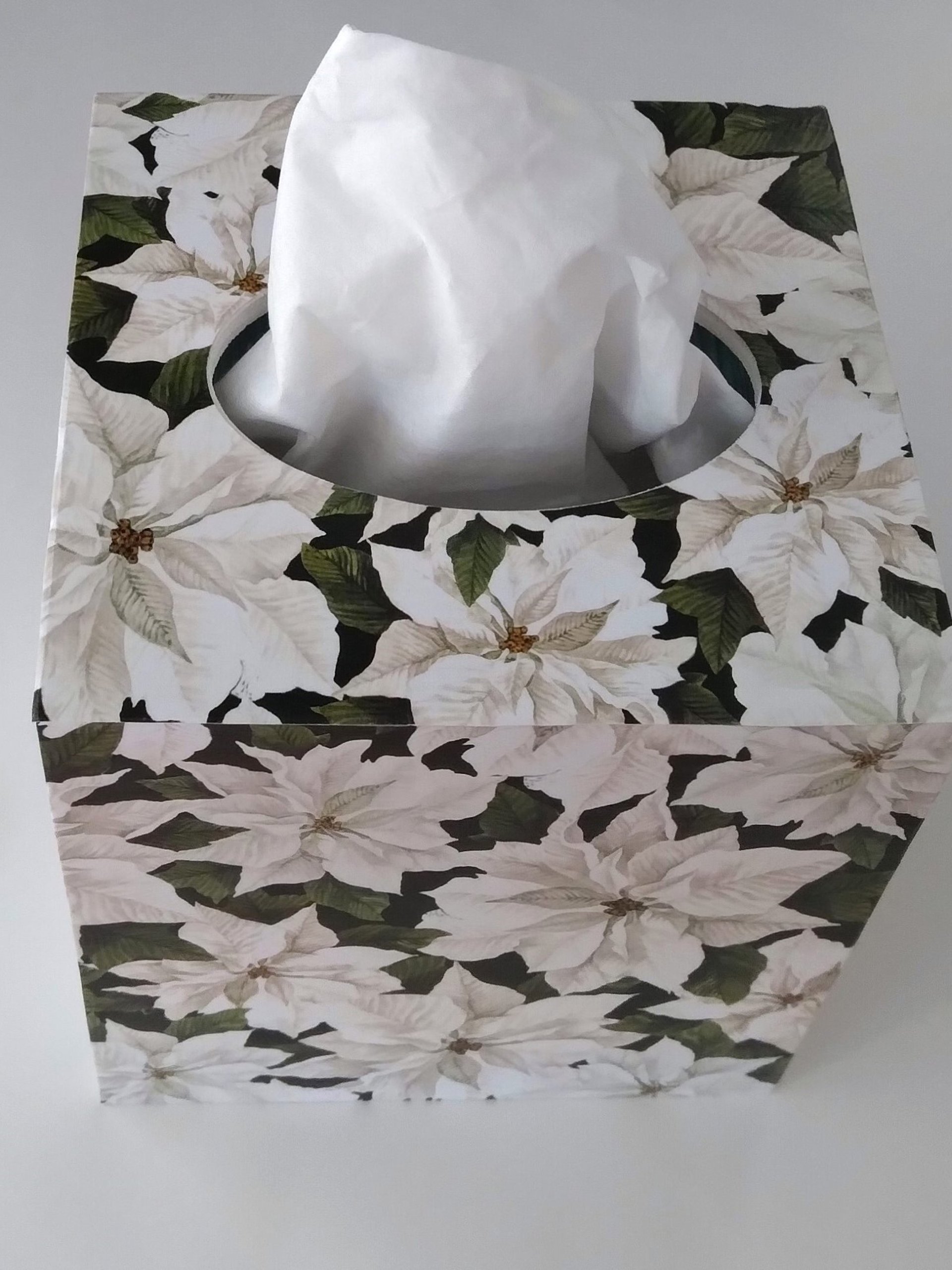 White Poinsettias Tissue Box Cover - Decoupage square tissue holder with winter flowers and leaves