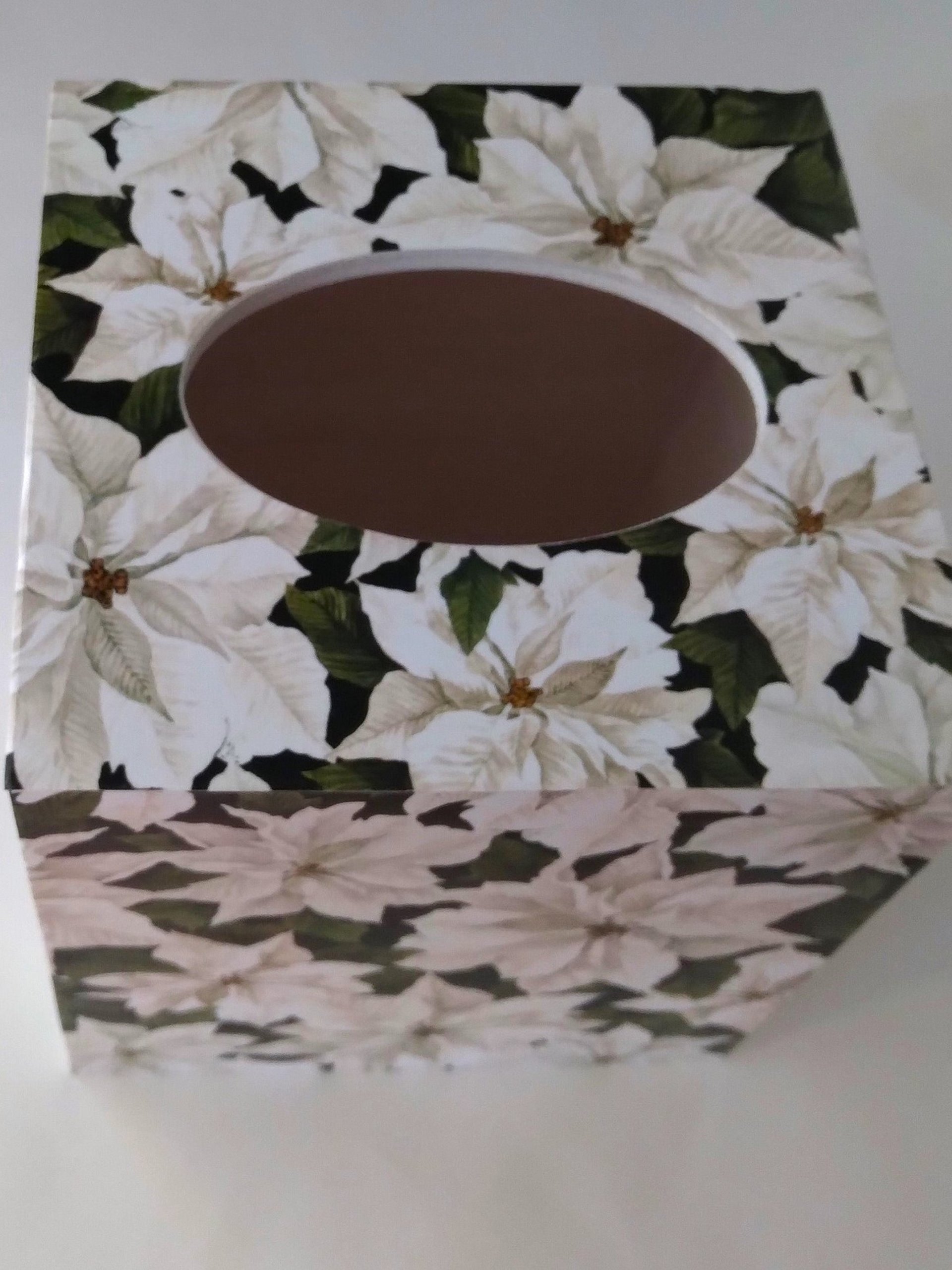 White Poinsettias Tissue Box Cover - Decoupage square tissue holder with winter flowers and leaves