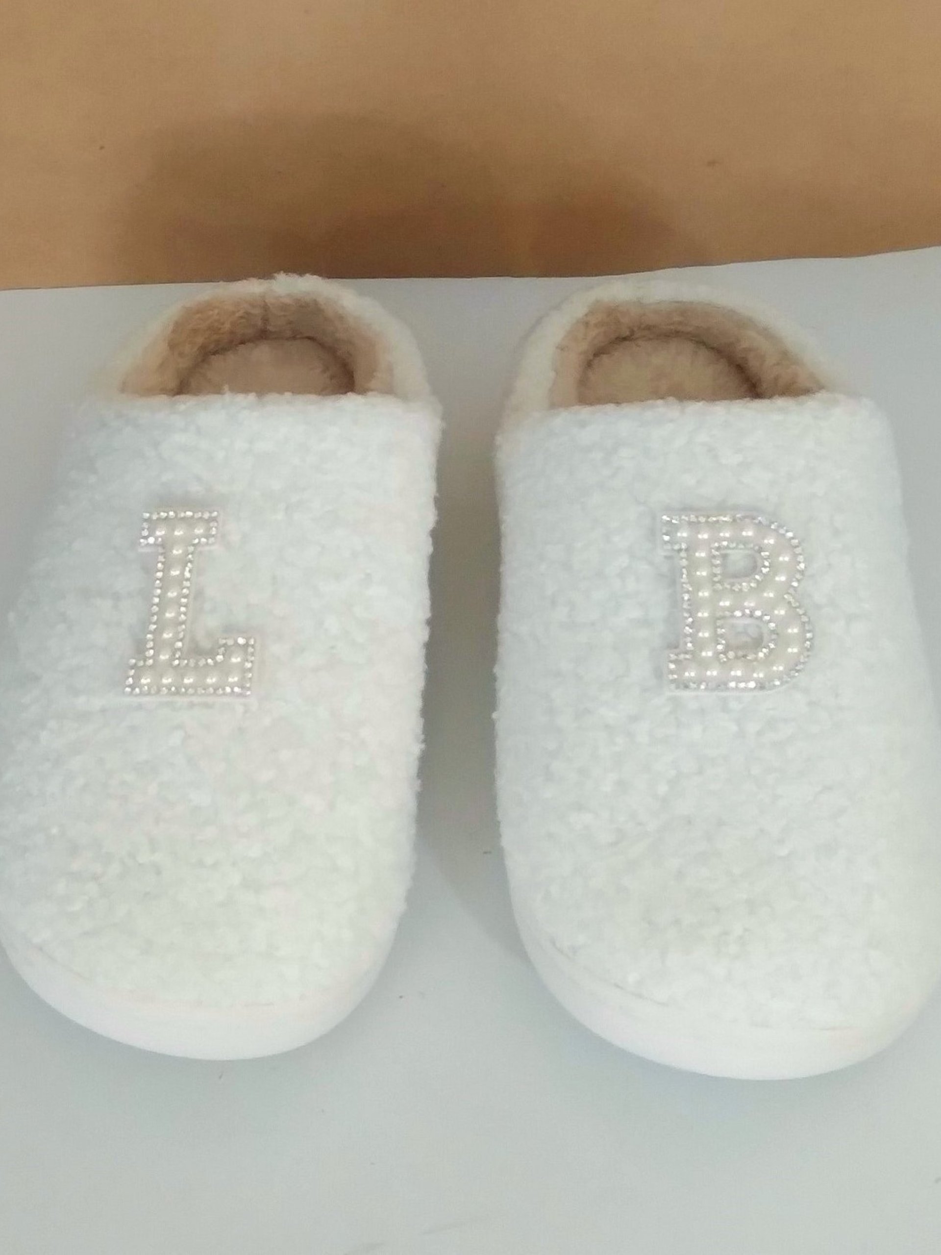 Bling Letter Slippers -  Ivory & tan with pearl rhinestone initials