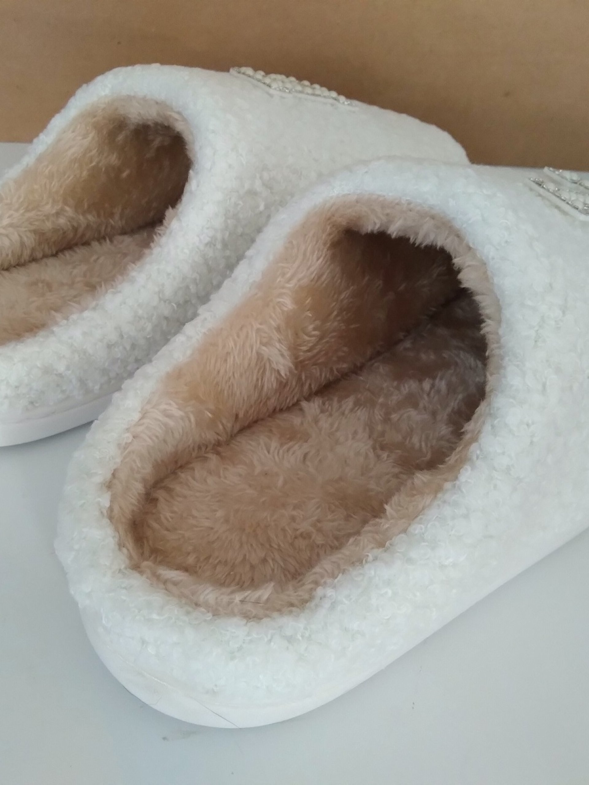 Bling Letter Slippers -  Ivory & tan with pearl rhinestone initials