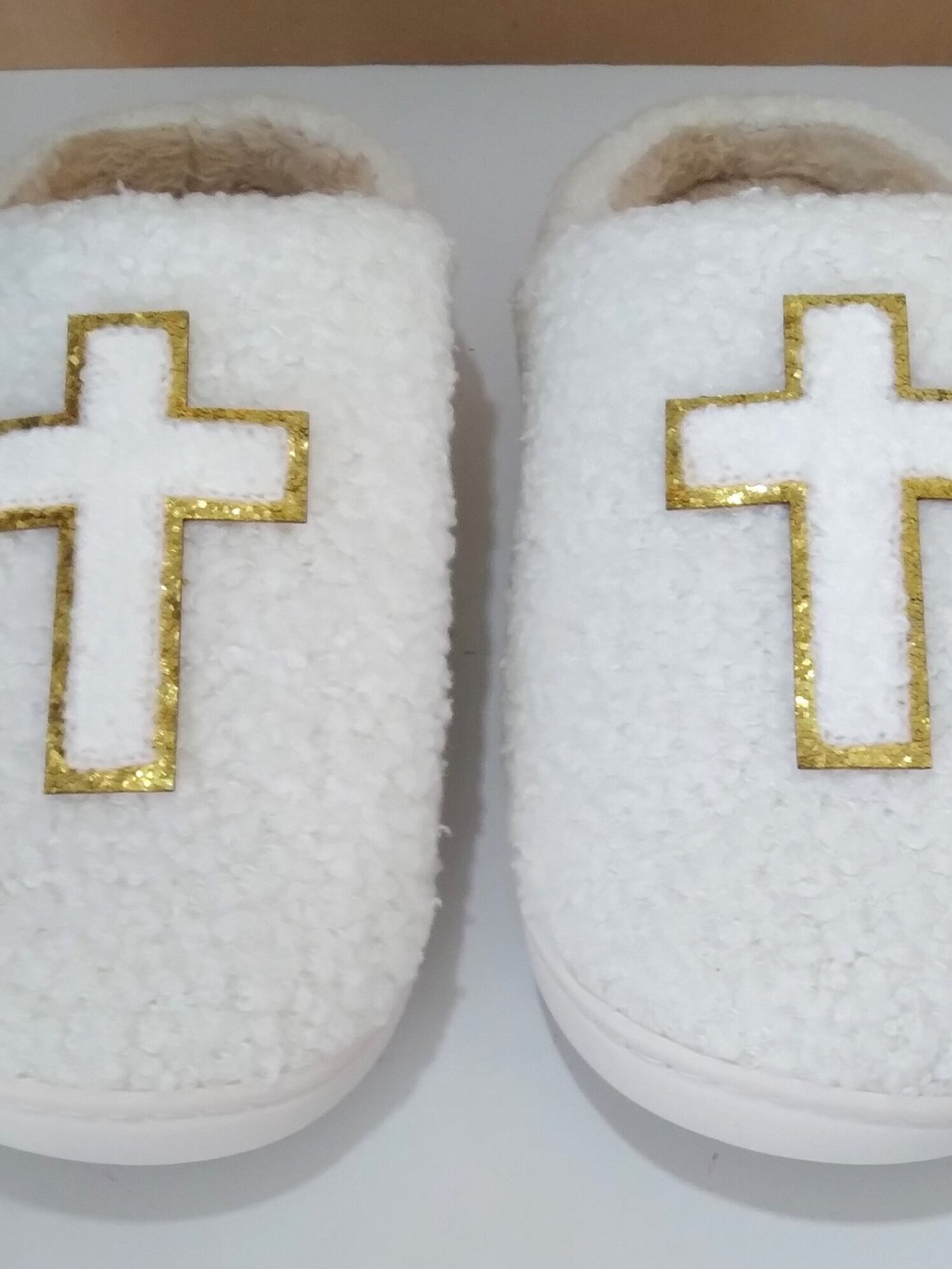 Cross Slippers - Ivory & tan with chenille gold lined cross 