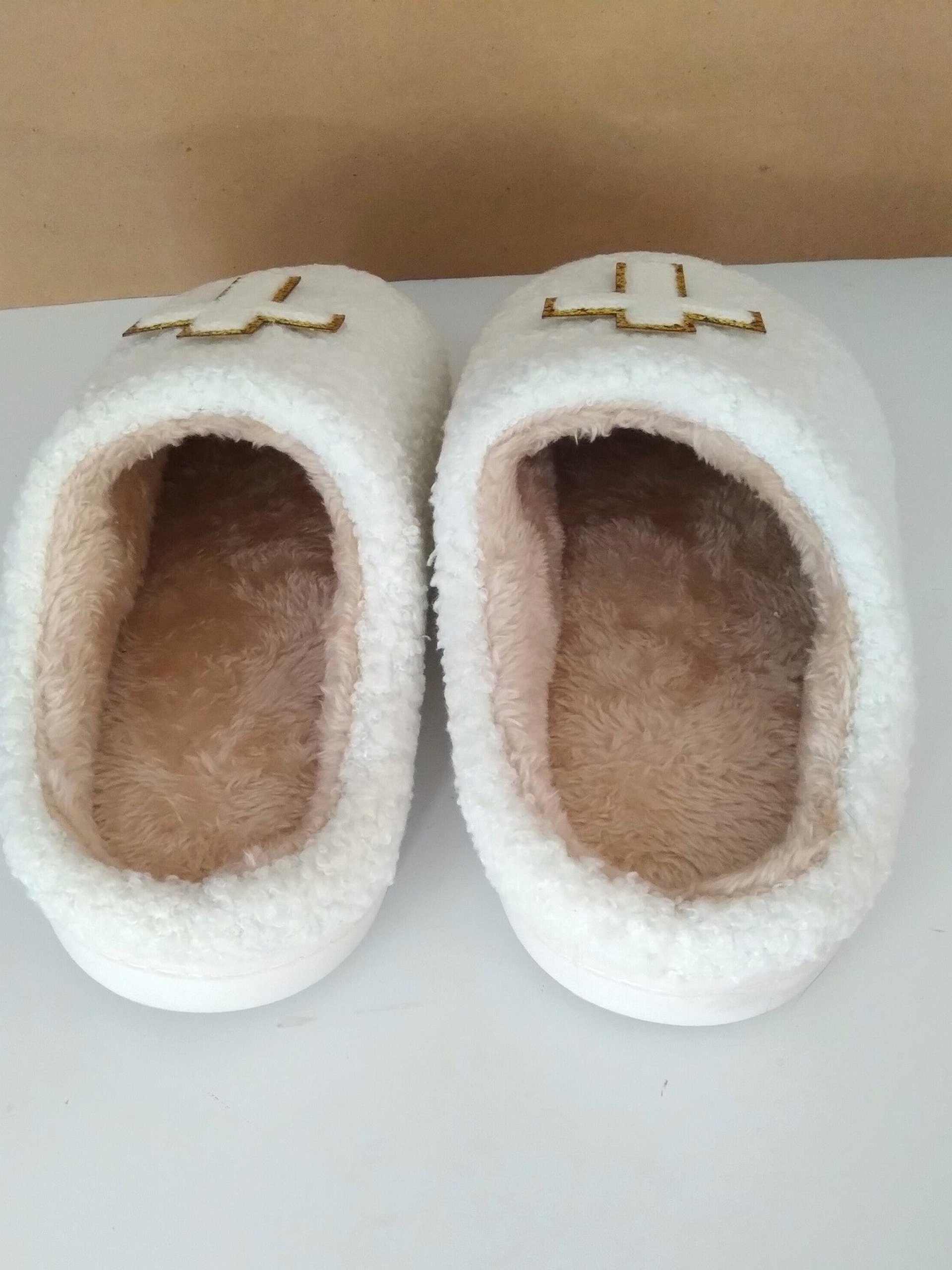 Cross Slippers - Ivory & tan with chenille gold lined cross 