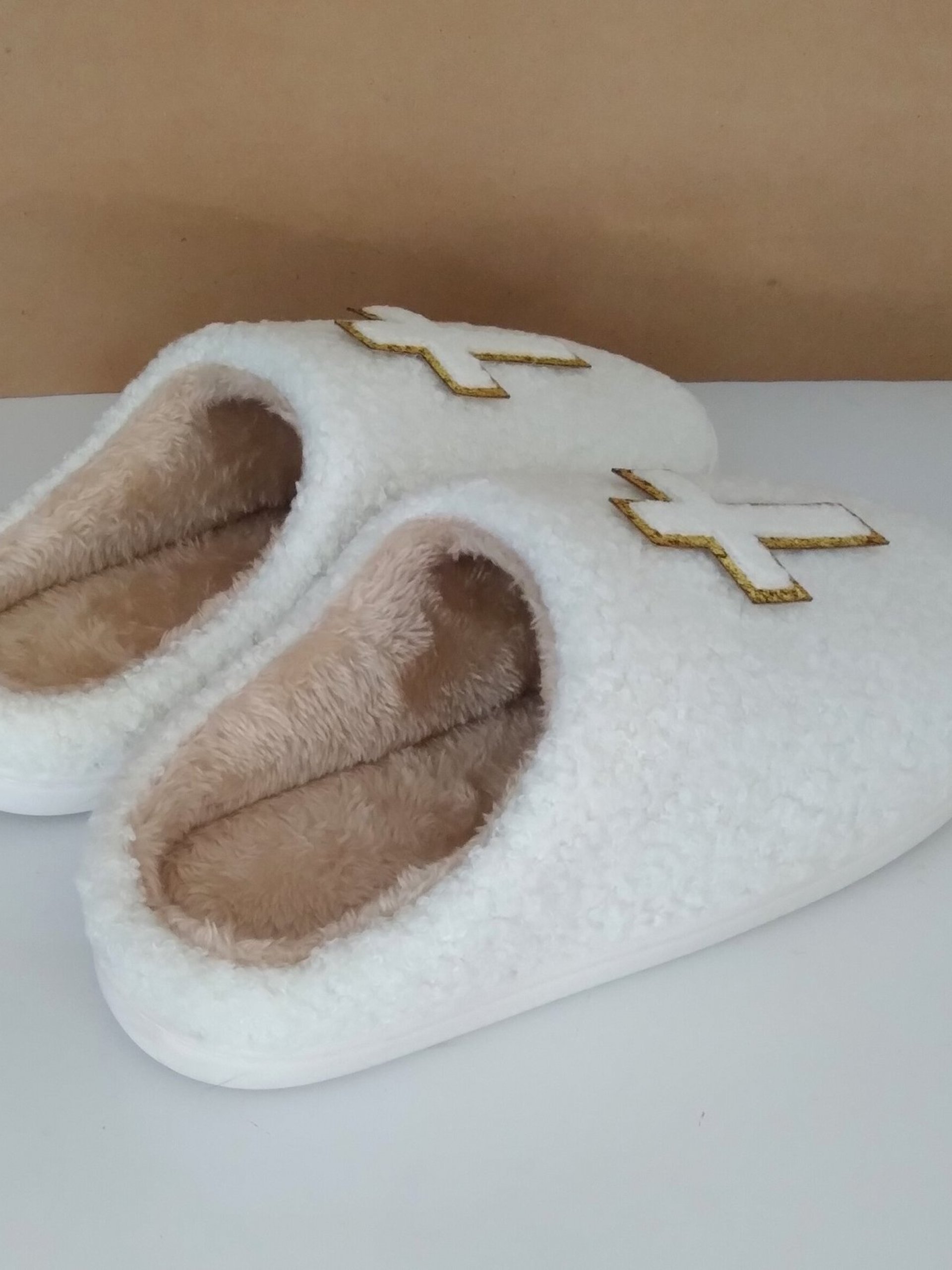 Cross Slippers - Ivory & tan with chenille gold lined cross 