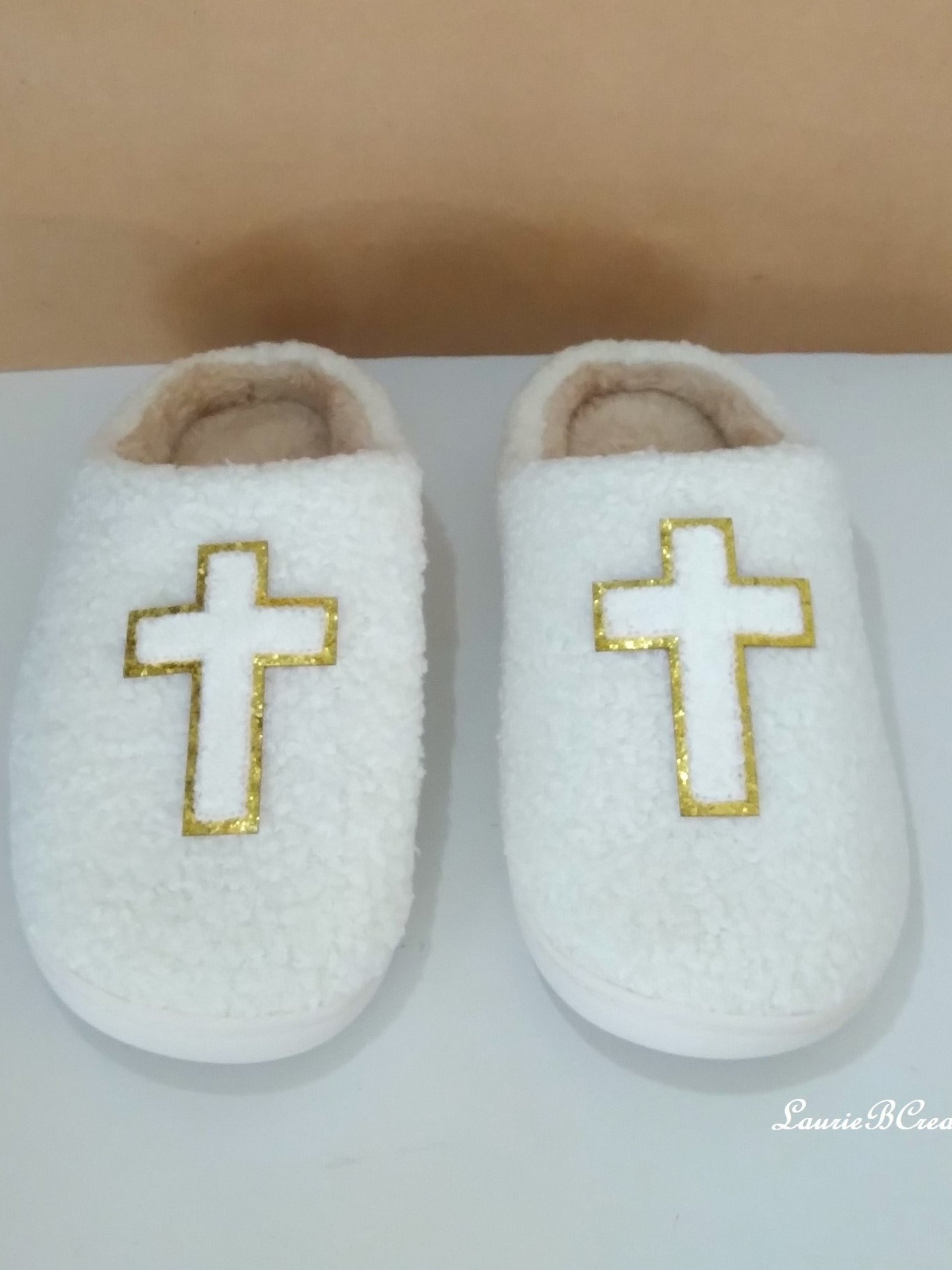 Cross Slippers - Ivory & tan with chenille gold lined cross 