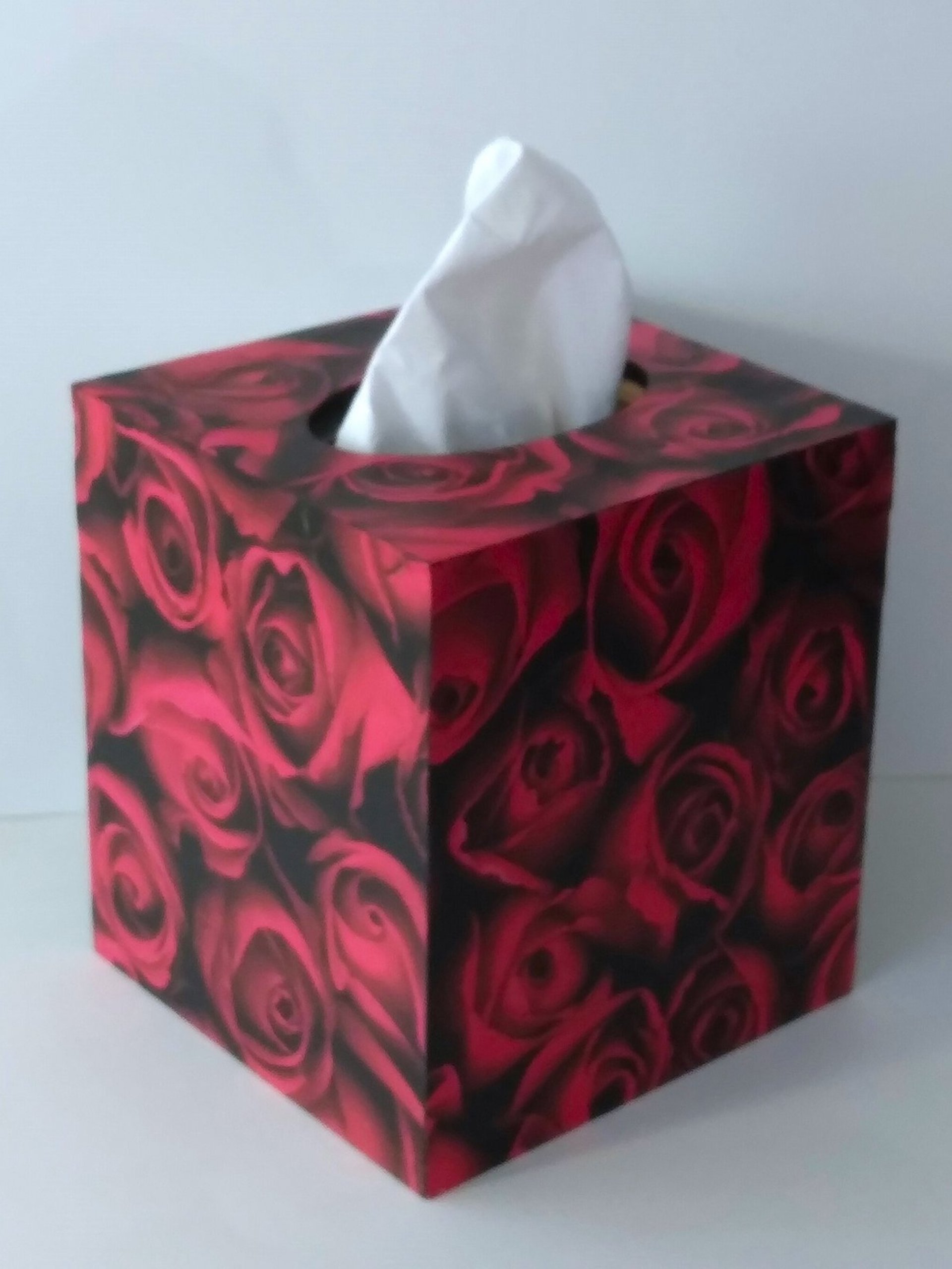 Red Rose Tissue Box Cover- Floral Decoupage Square Tissue Holder