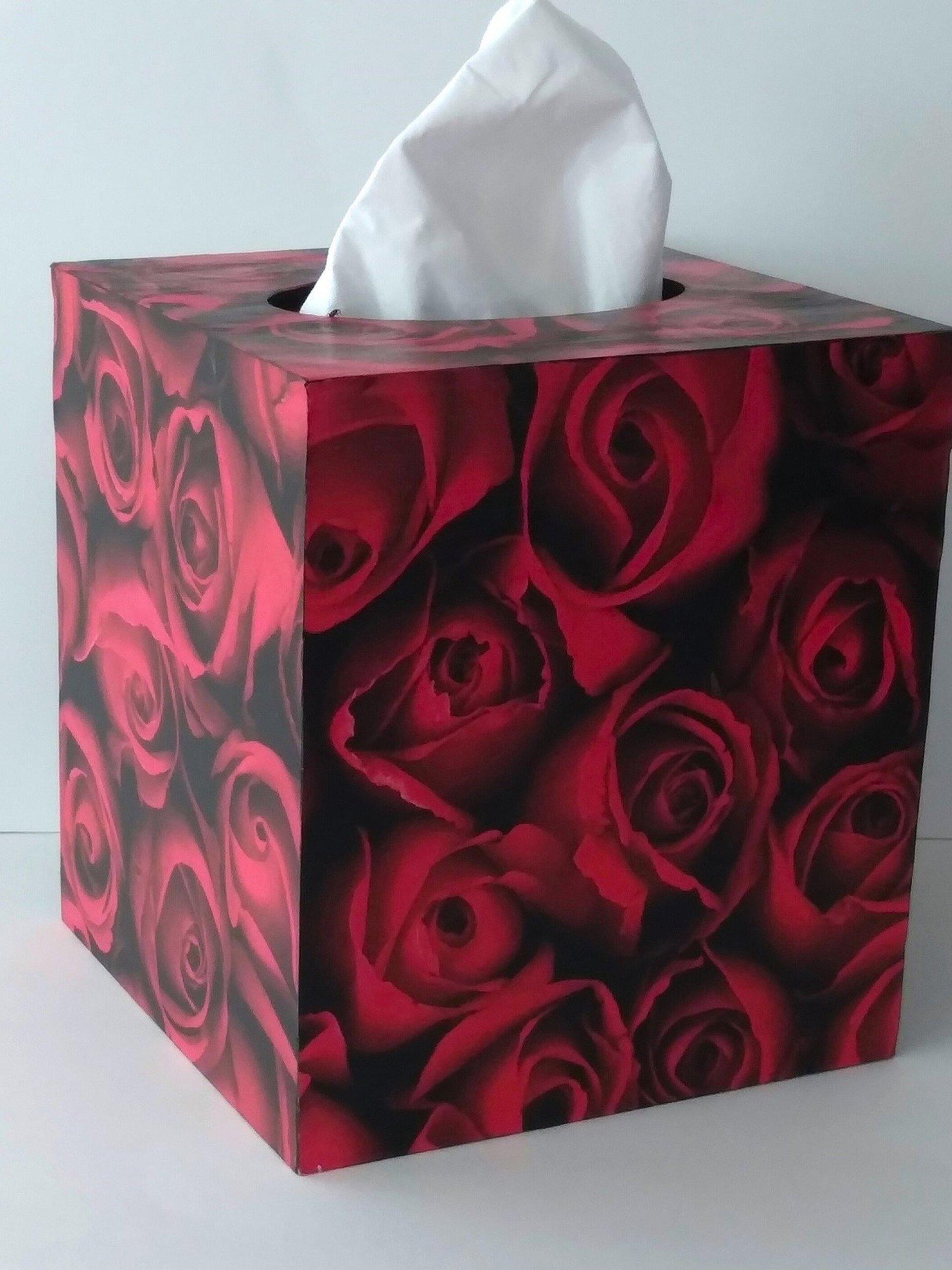 Red Rose Tissue Box Cover- Floral Decoupage Square Tissue Holder