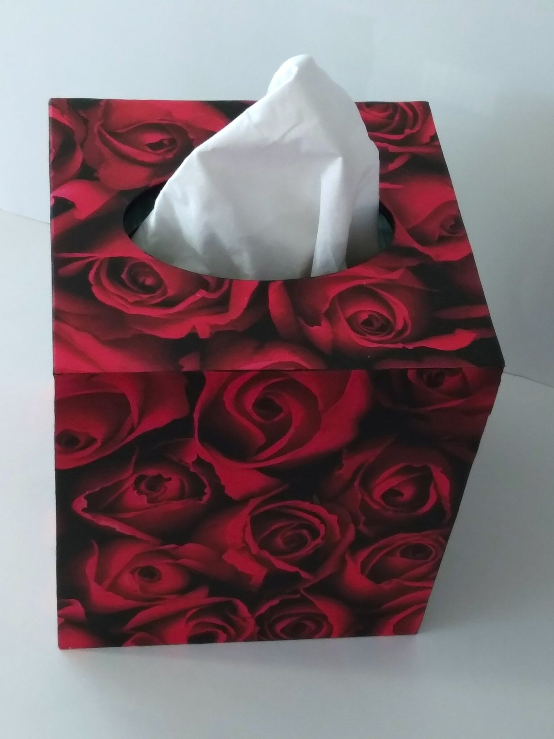 Red Rose Tissue Box Cover- Floral Decoupage Square Tissue Holder