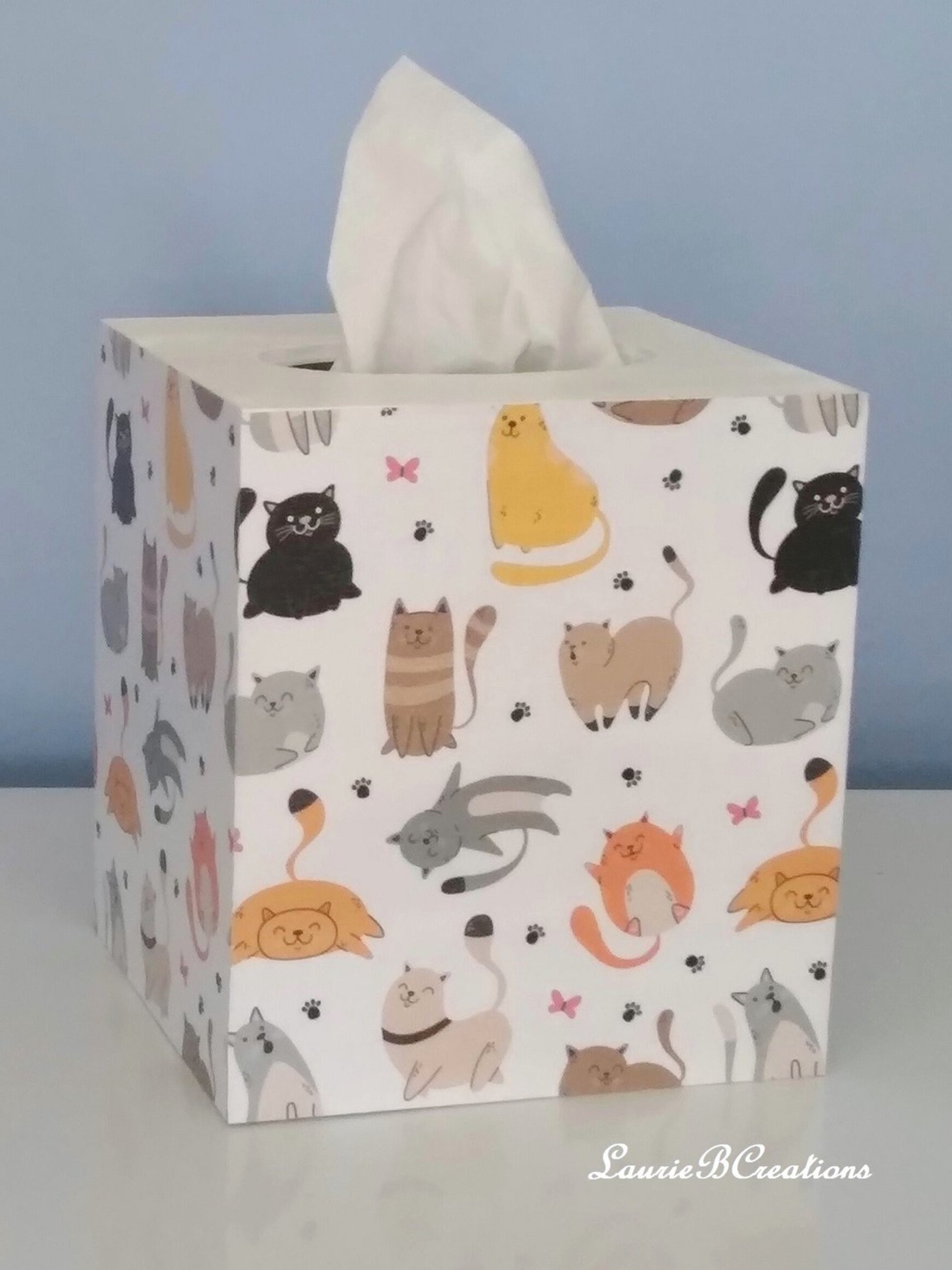 Cat Tissue Box Cover - Decoupage square tissue holder with multi color cats