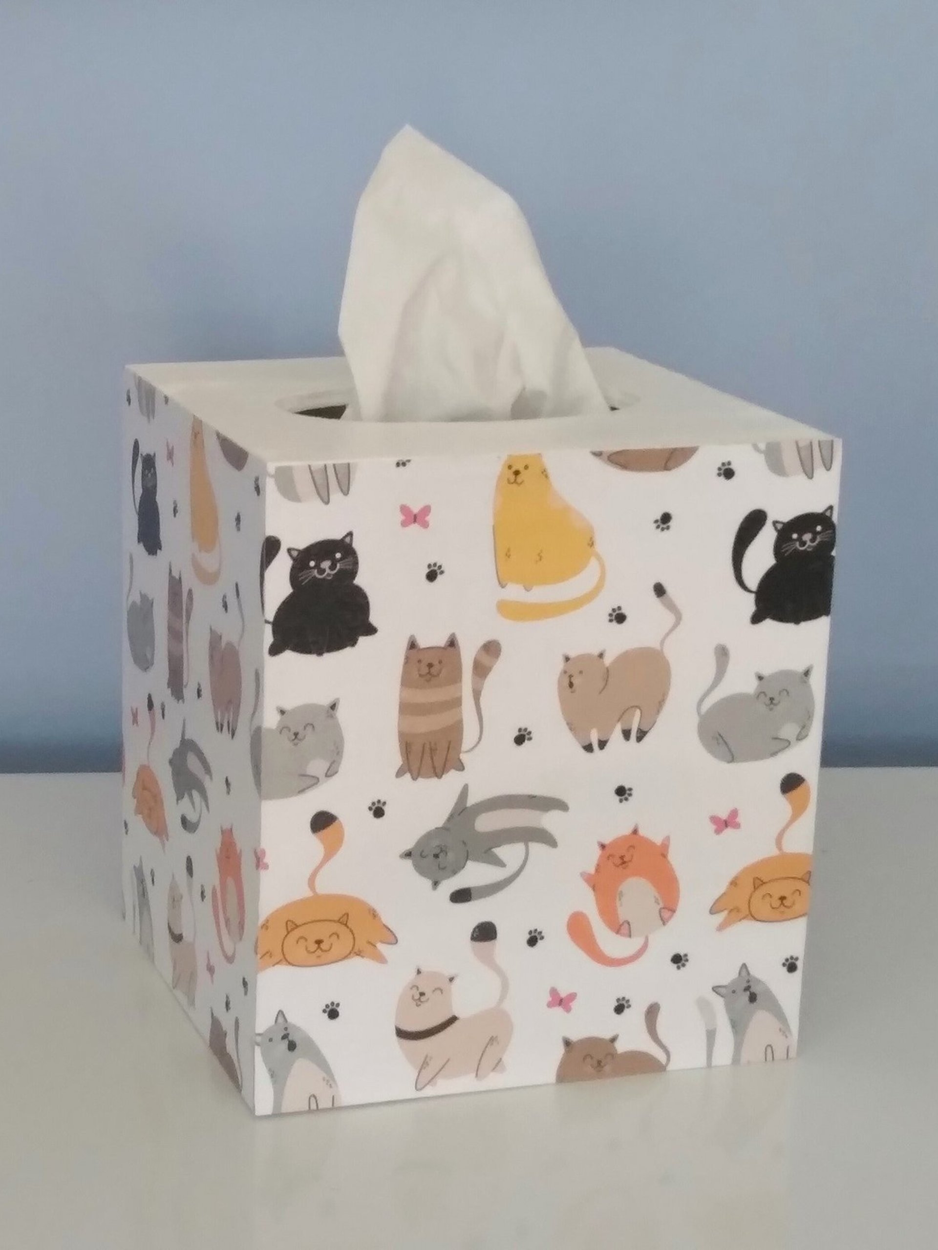 Cat Tissue Box Cover - Decoupage square tissue holder with multi color cats