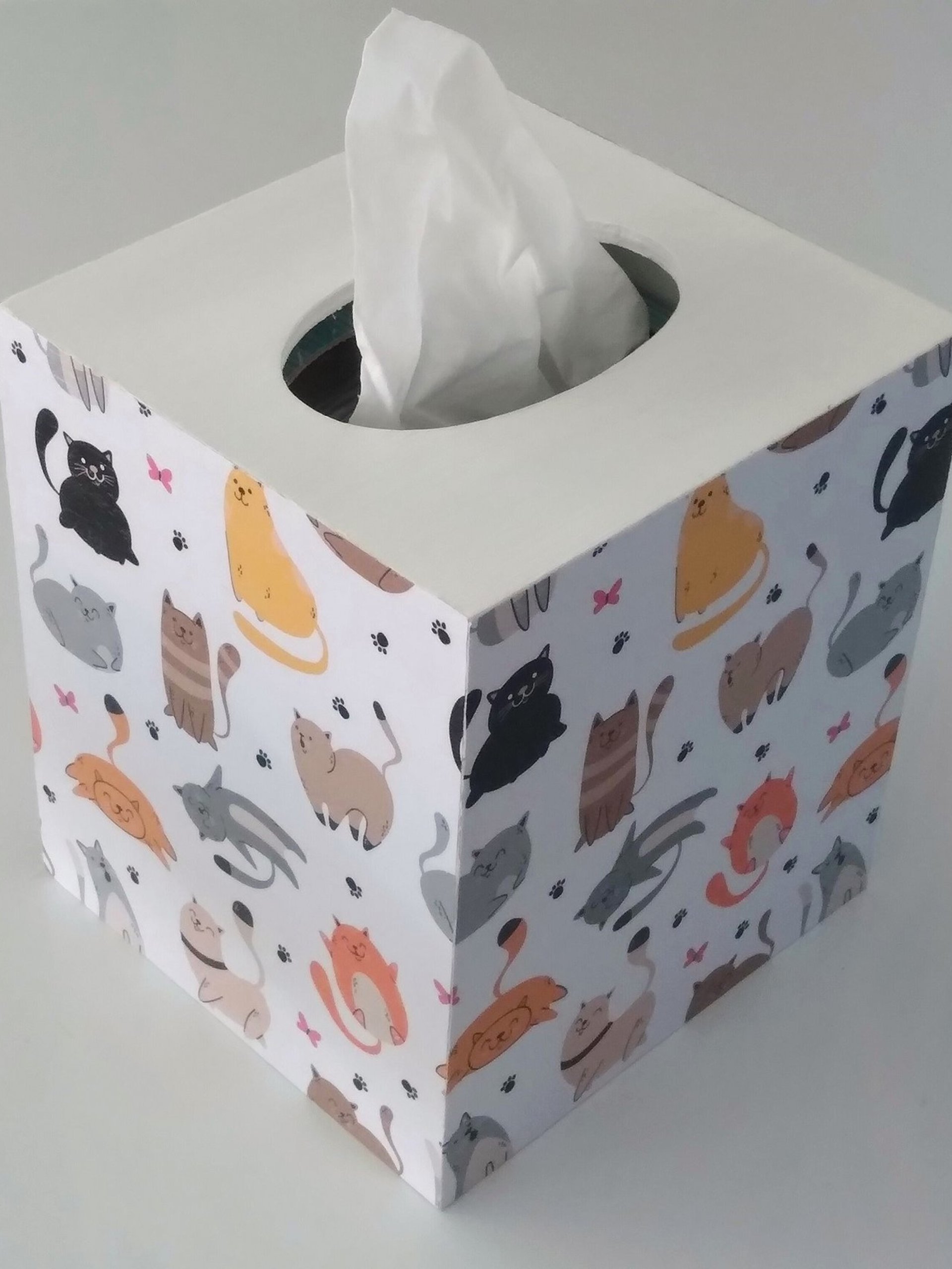 Cat Tissue Box Cover - Decoupage square tissue holder with multi color cats
