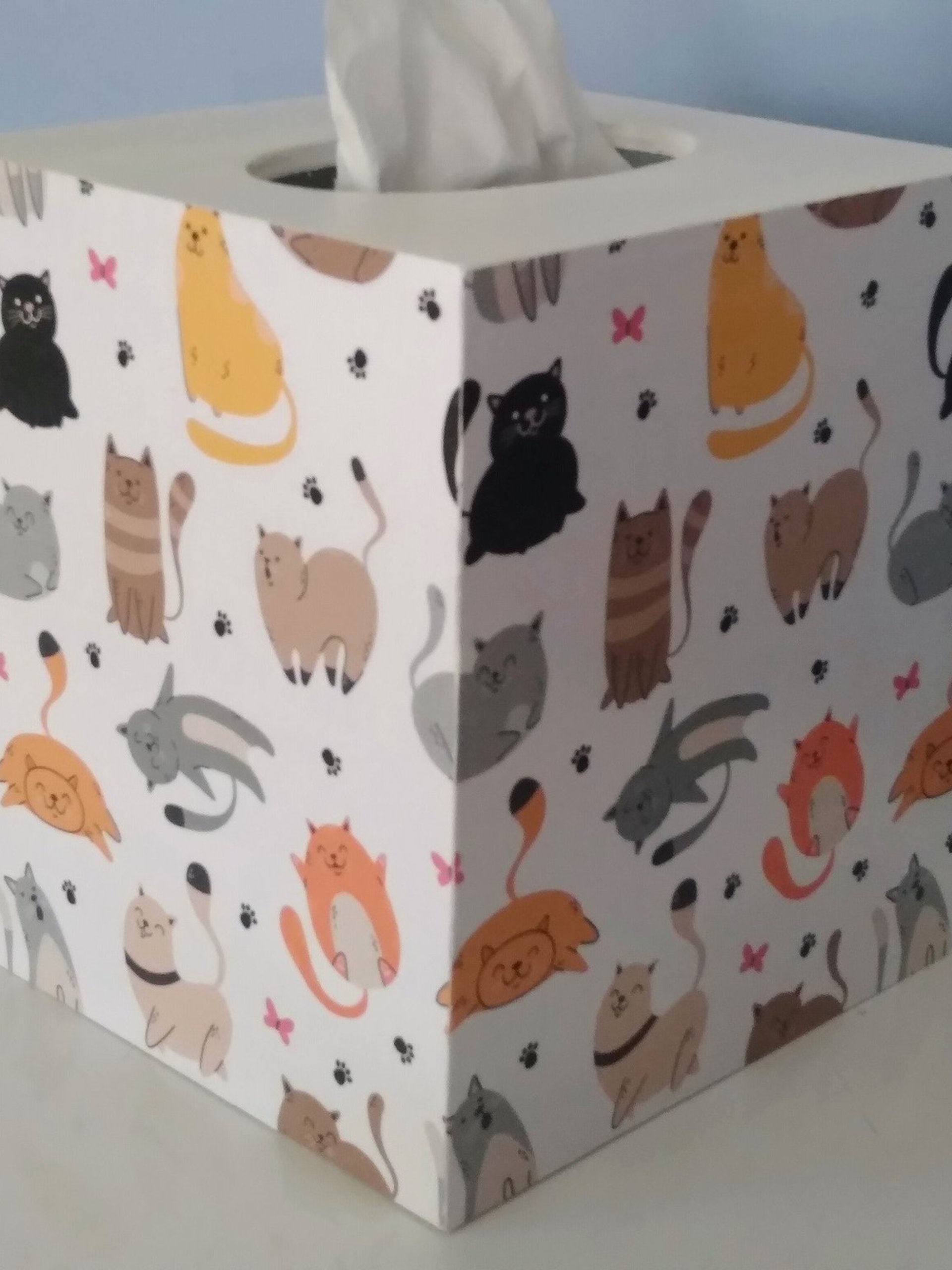 Cat Tissue Box Cover - Decoupage square tissue holder with multi color cats