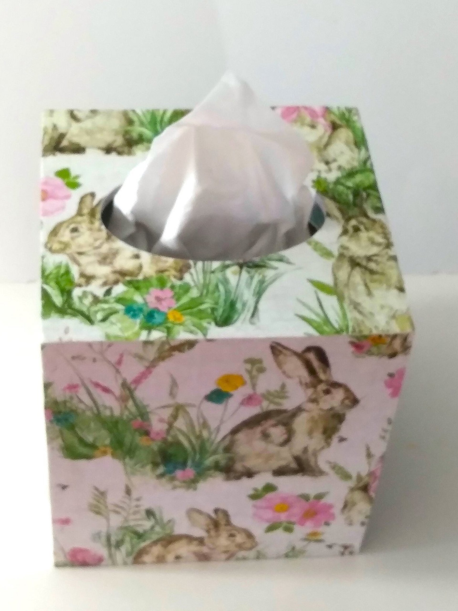 Floral Bunny Tissue Box Cover - Decoupage pastel flowers and vintage rabbit on linen design