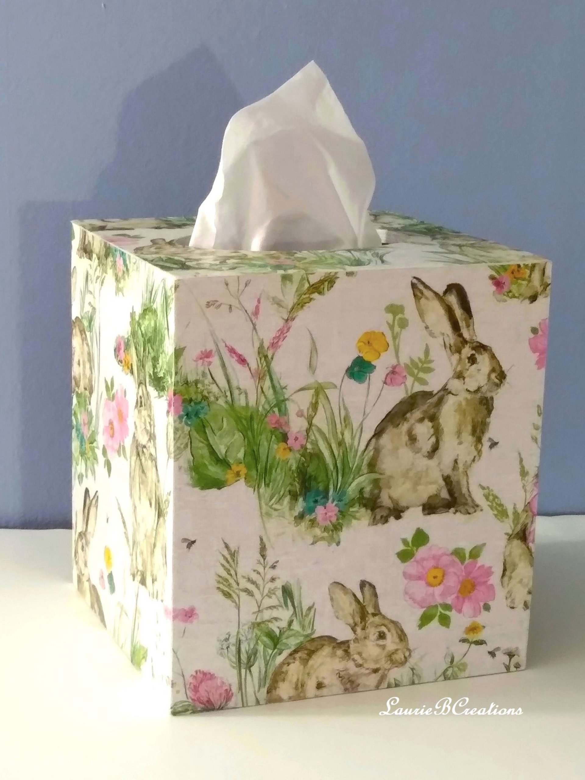 Floral Bunny Tissue Box Cover - Decoupage pastel flowers and vintage rabbit on linen design