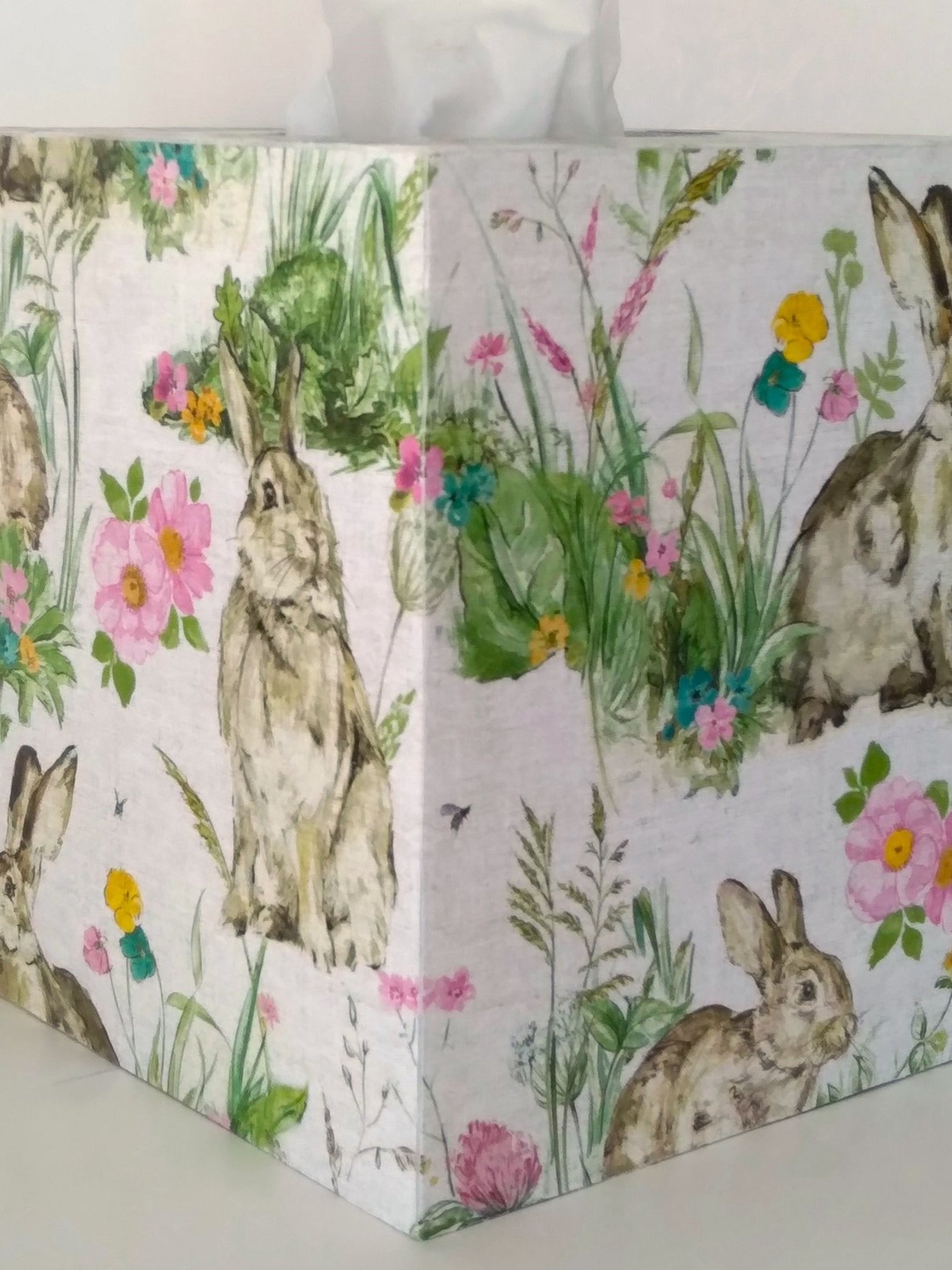 Floral Bunny Tissue Box Cover - Decoupage pastel flowers and vintage rabbit on linen design