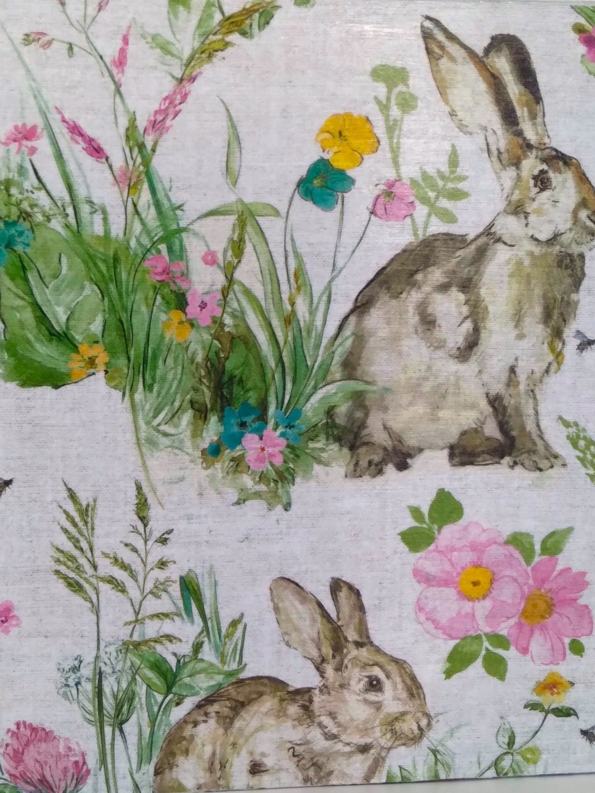 Floral Bunny Tissue Box Cover - Decoupage pastel flowers and vintage rabbit on linen design