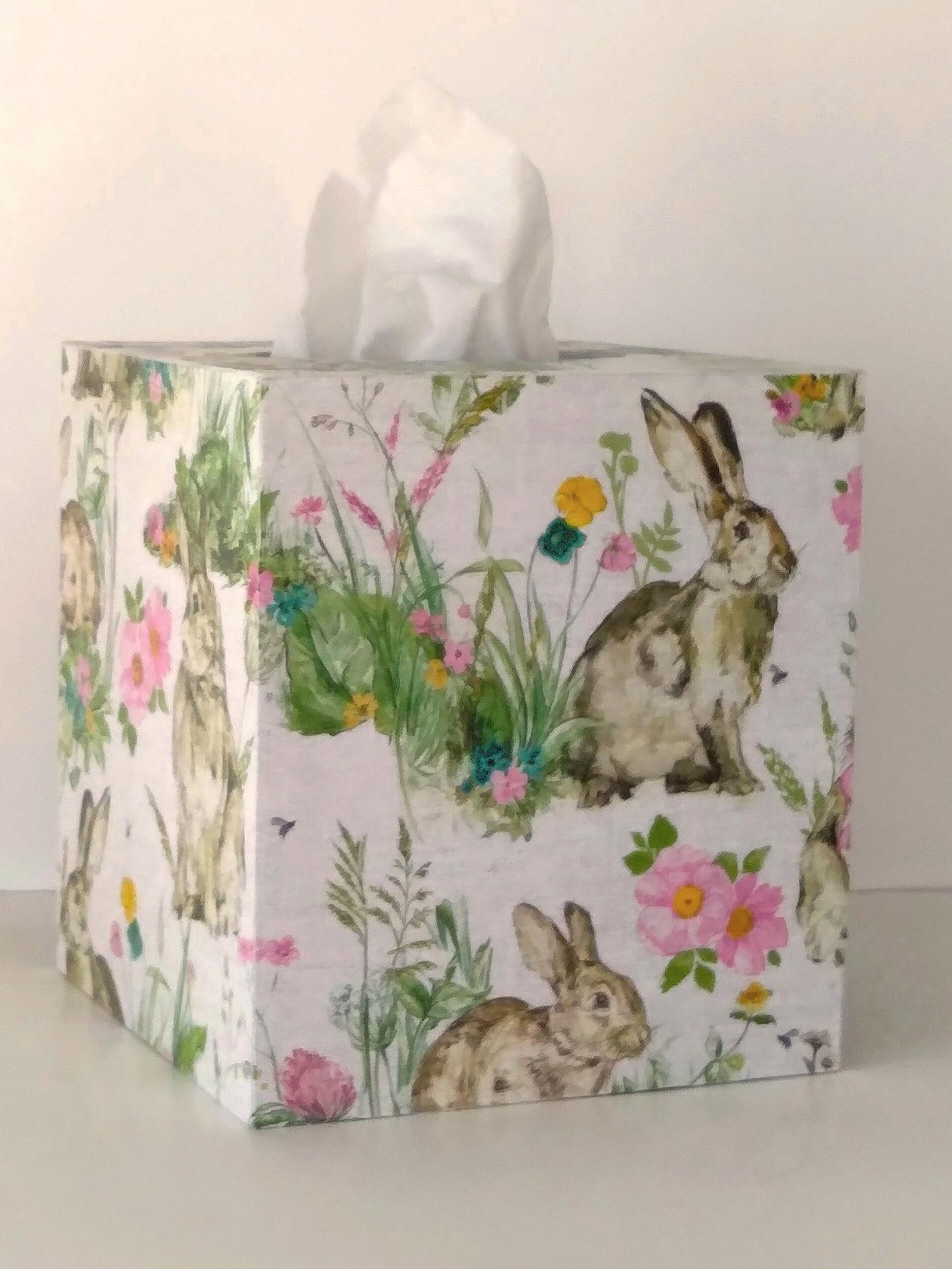 Floral Bunny Tissue Box Cover - Decoupage pastel flowers and vintage rabbit on linen design