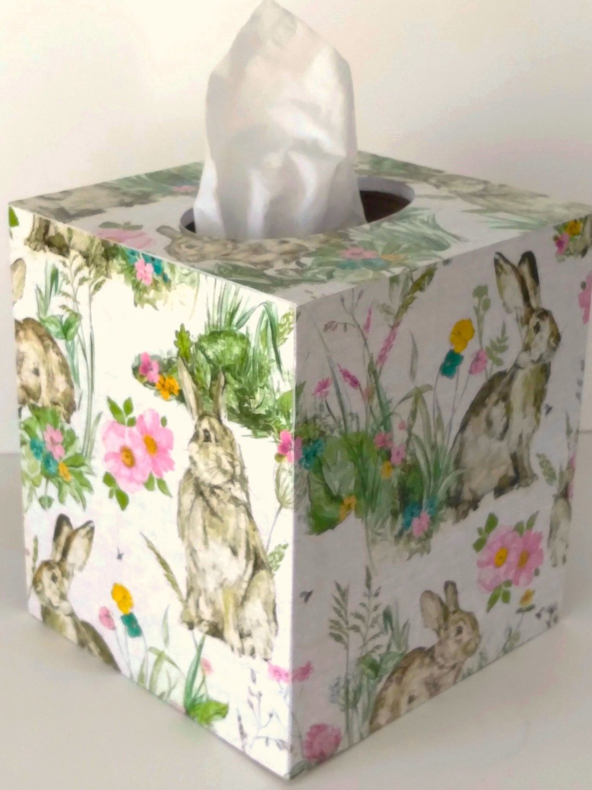 Floral Bunny Tissue Box Cover - Decoupage pastel flowers and vintage rabbit on linen design