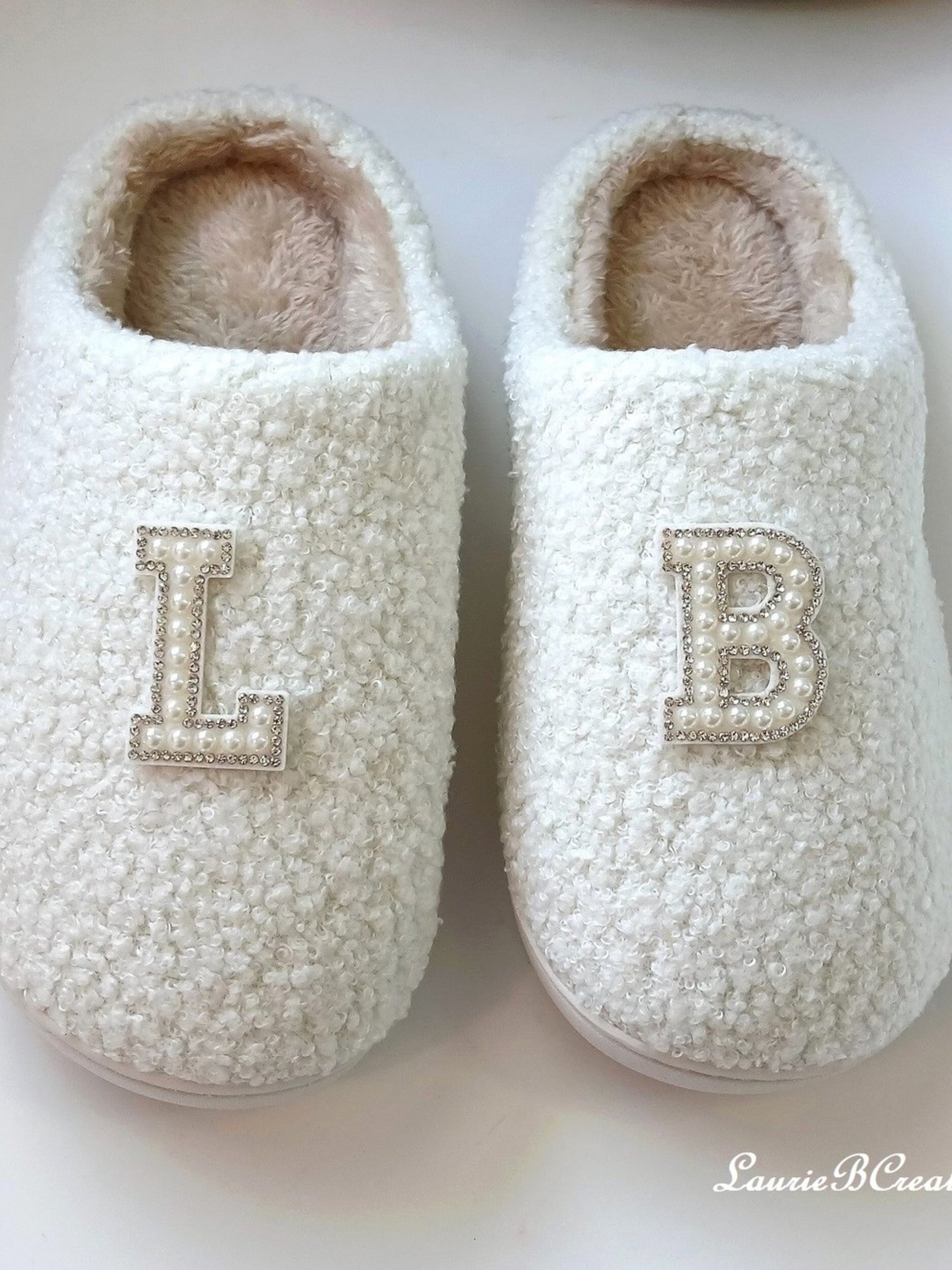 Bling Letter Slippers -  Ivory & tan with pearl rhinestone initials