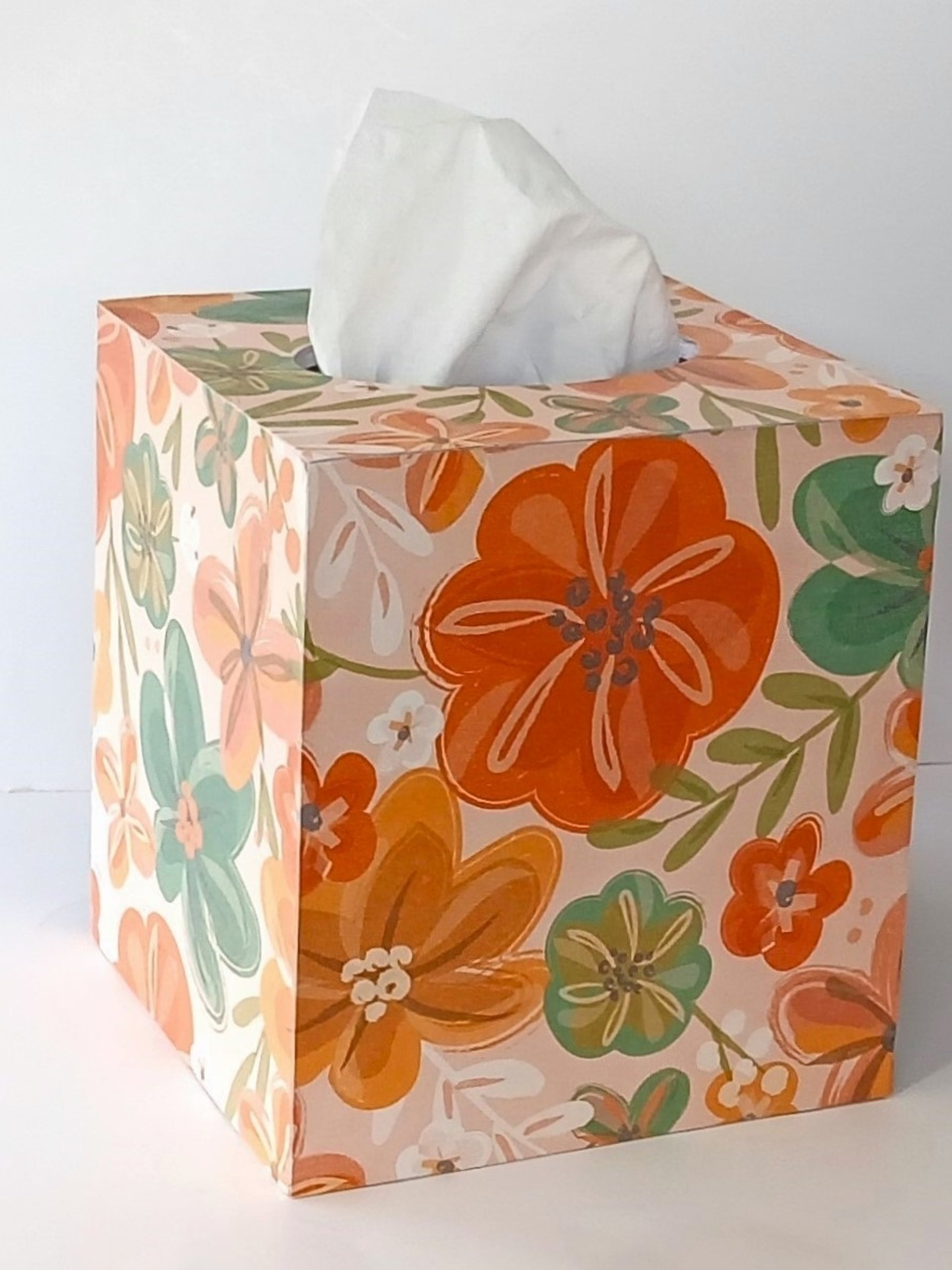 Floral Tissue Box Cover- Decoupage with orange, green yellow and white flower design