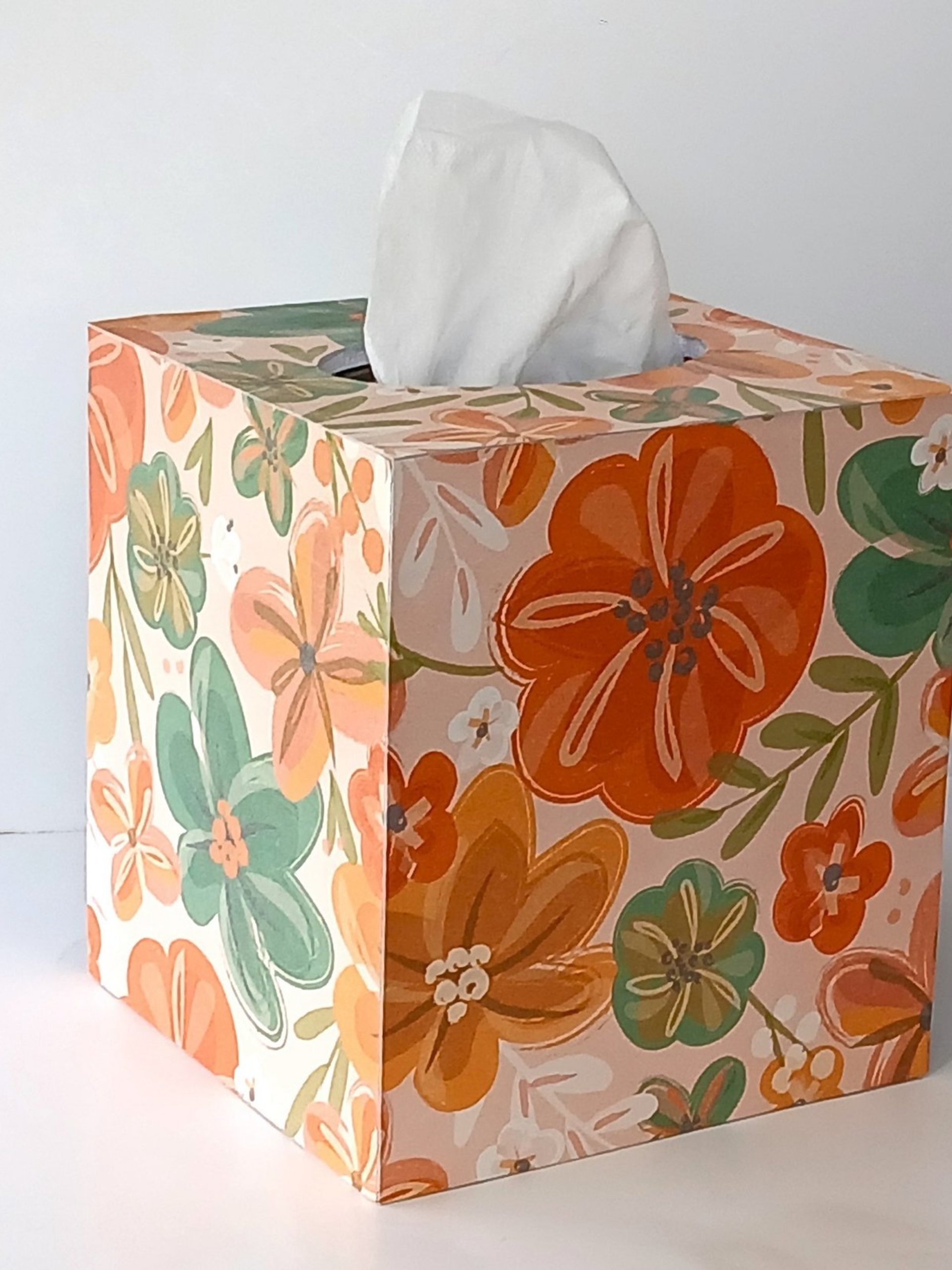 Floral Tissue Box Cover- Decoupage with orange, green yellow and white flower design