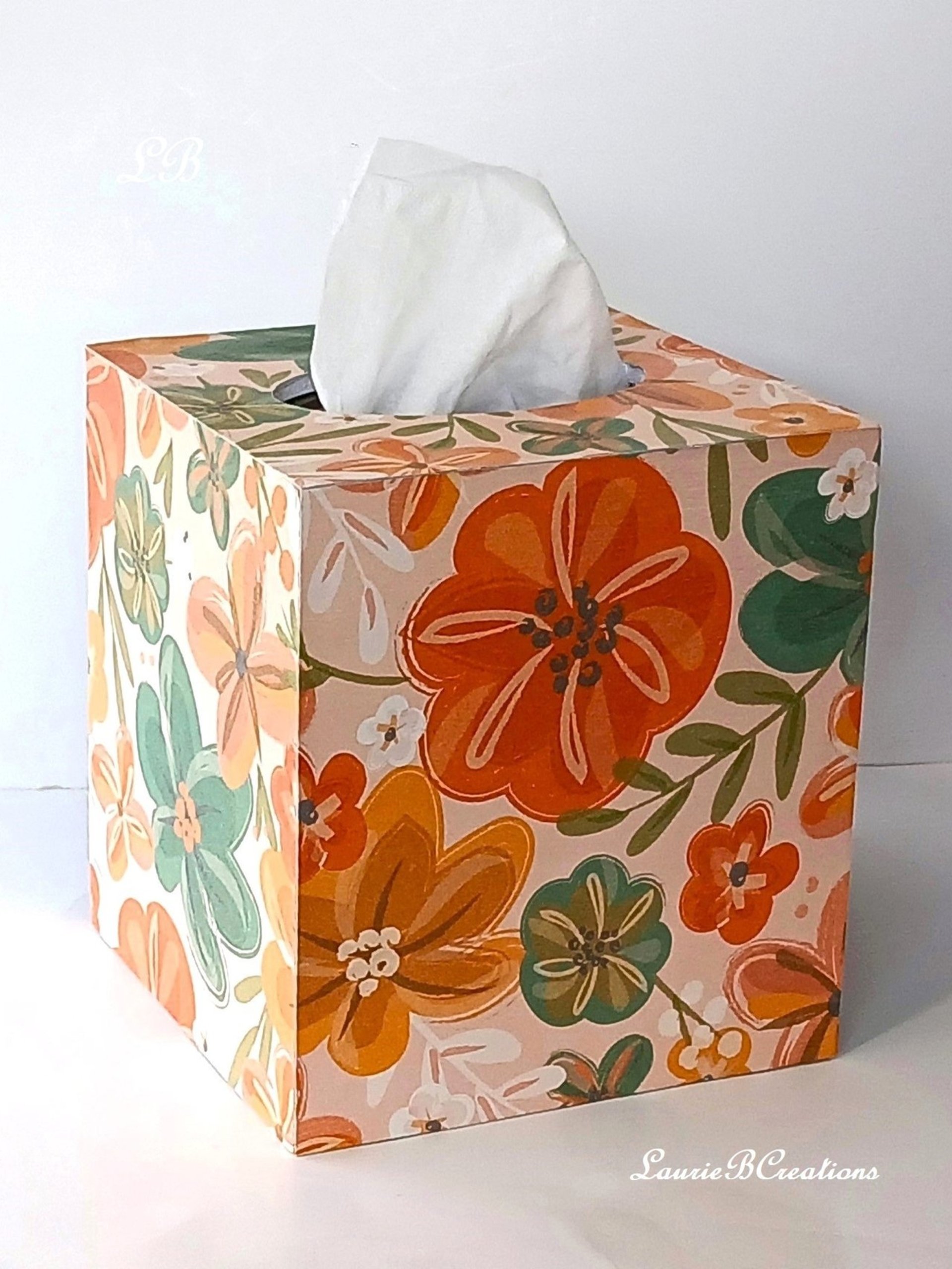 Floral Tissue Box Cover- Decoupage with orange, green yellow and white flower design