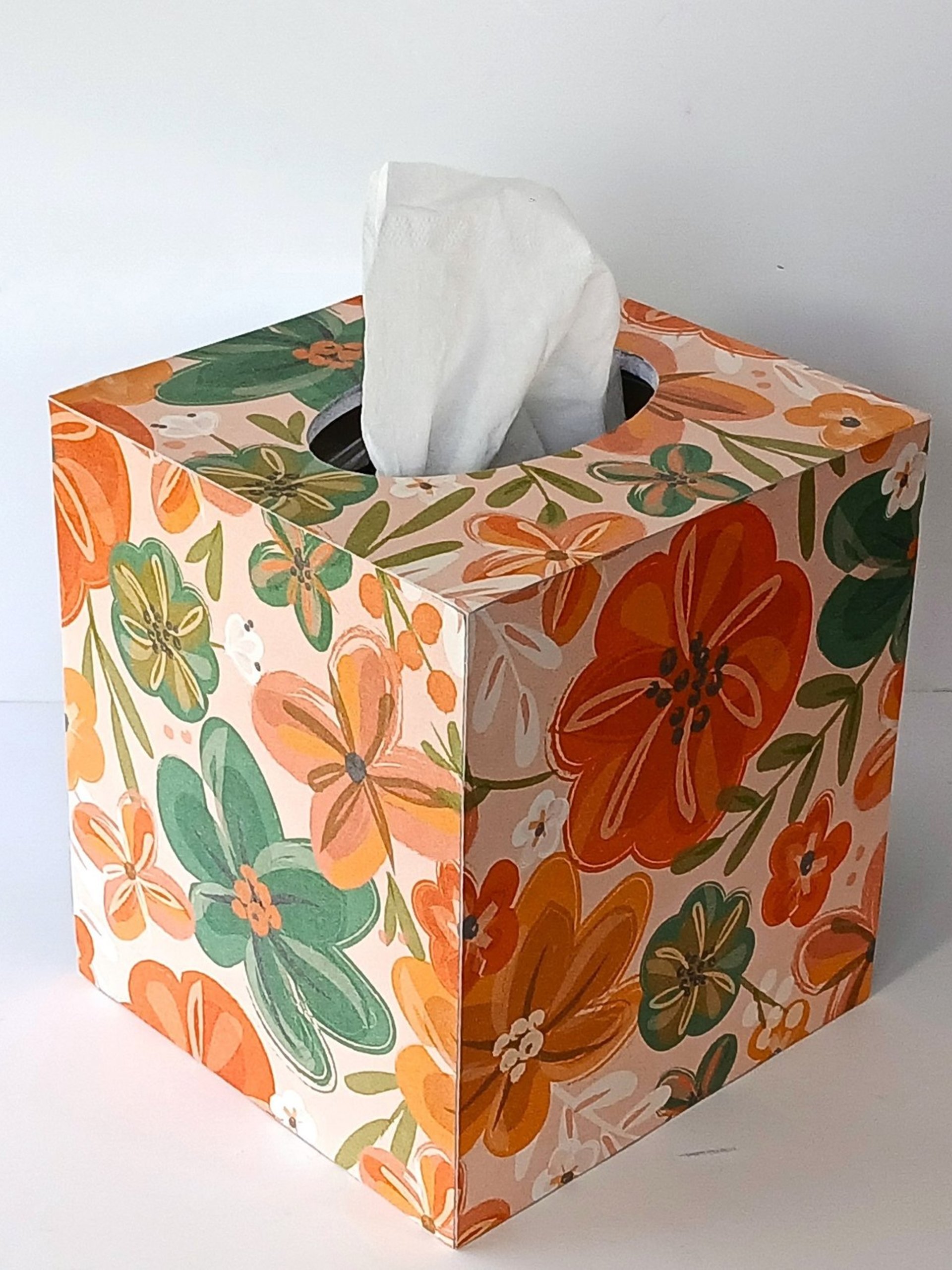 Floral Tissue Box Cover- Decoupage with orange, green yellow and white flower design