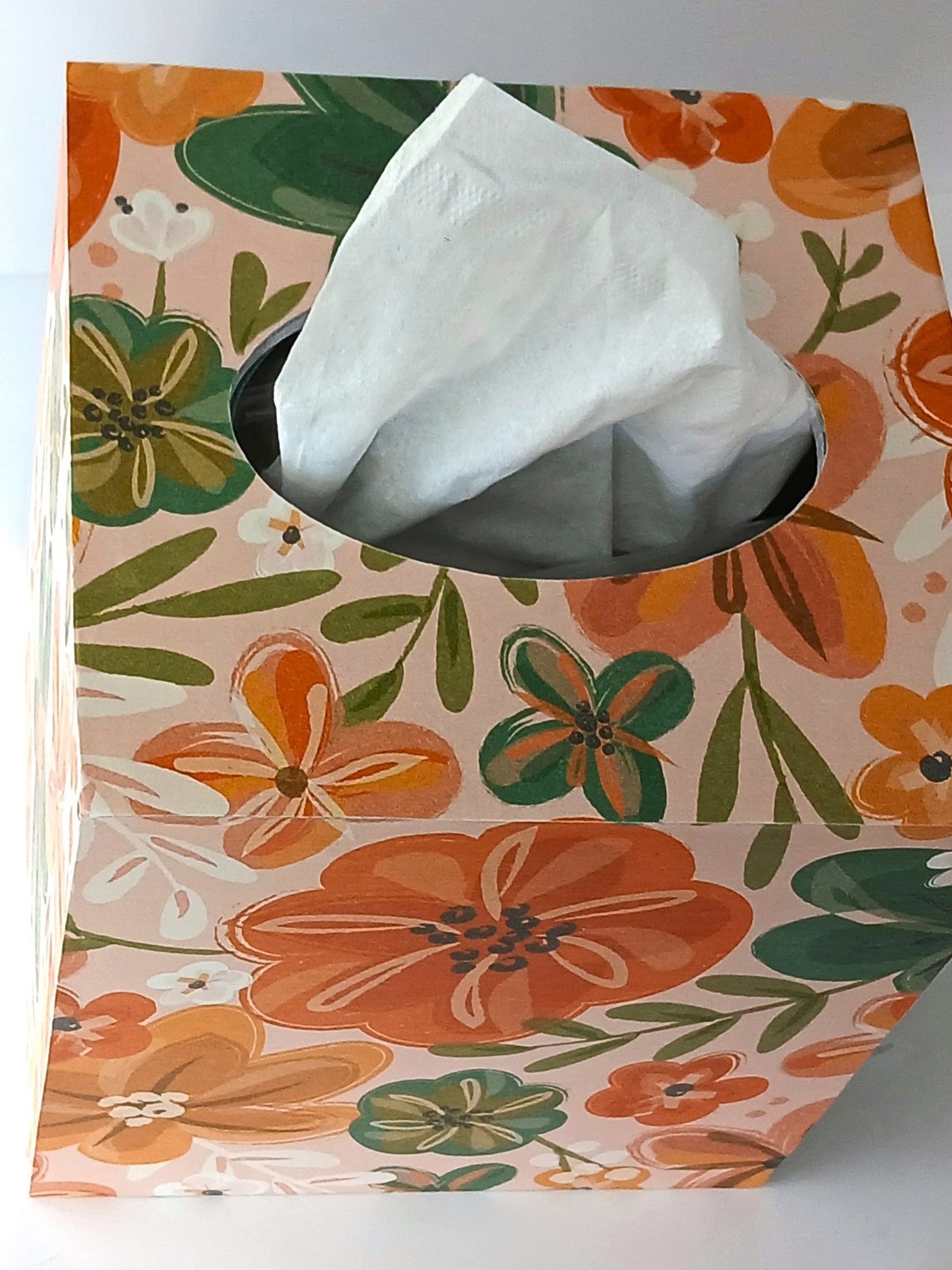 Floral Tissue Box Cover- Decoupage with orange, green yellow and white flower design