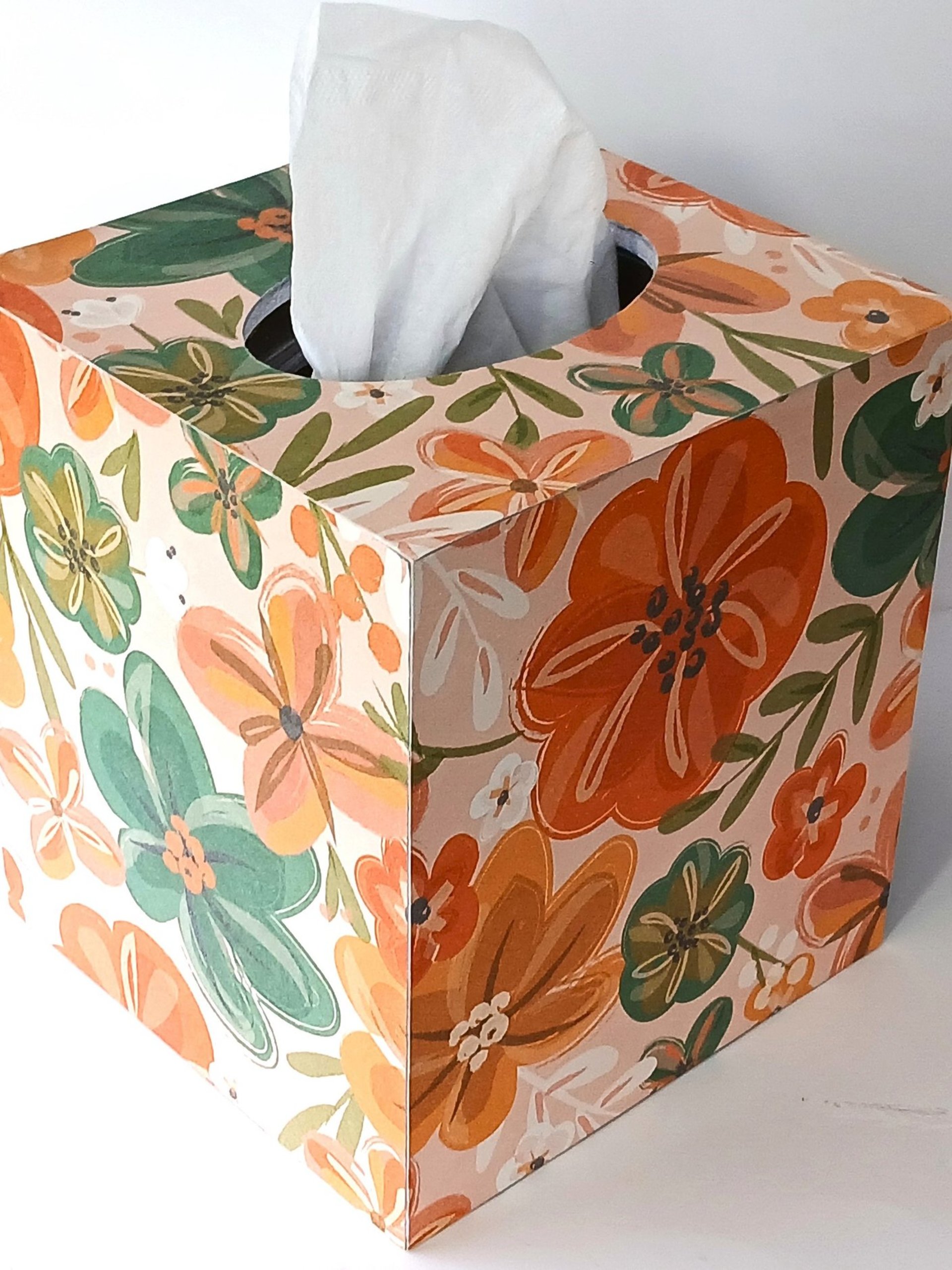 Floral Tissue Box Cover- Decoupage with orange, green yellow and white flower design