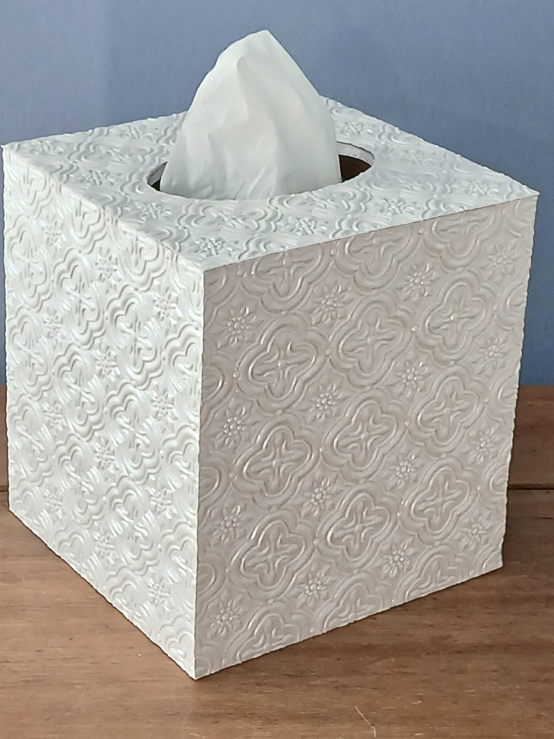 Ivory Medallion Tissue Box Cover - Decorative embossed square tissue holder
