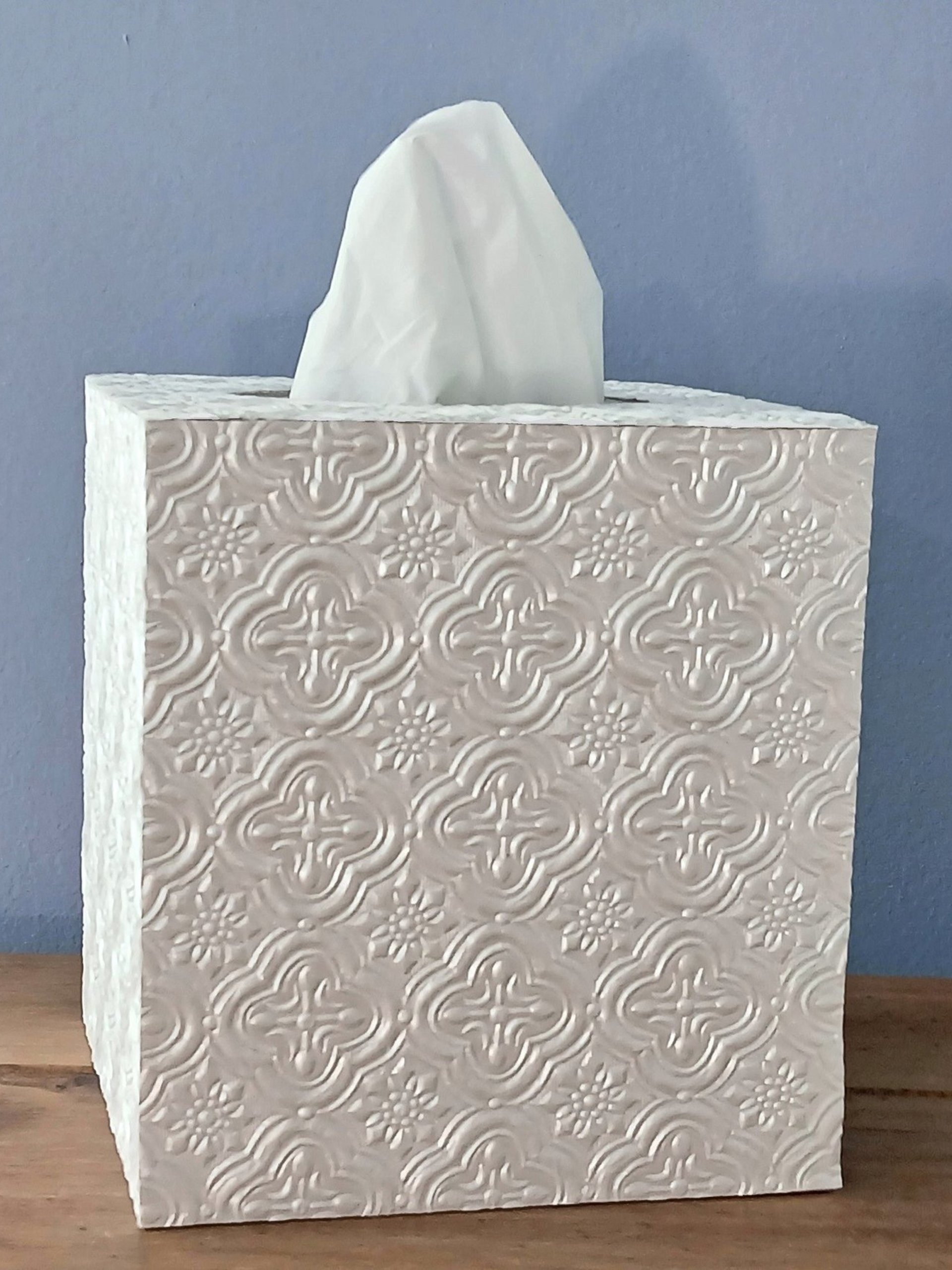 Ivory Medallion Tissue Box Cover - Decorative embossed square tissue holder