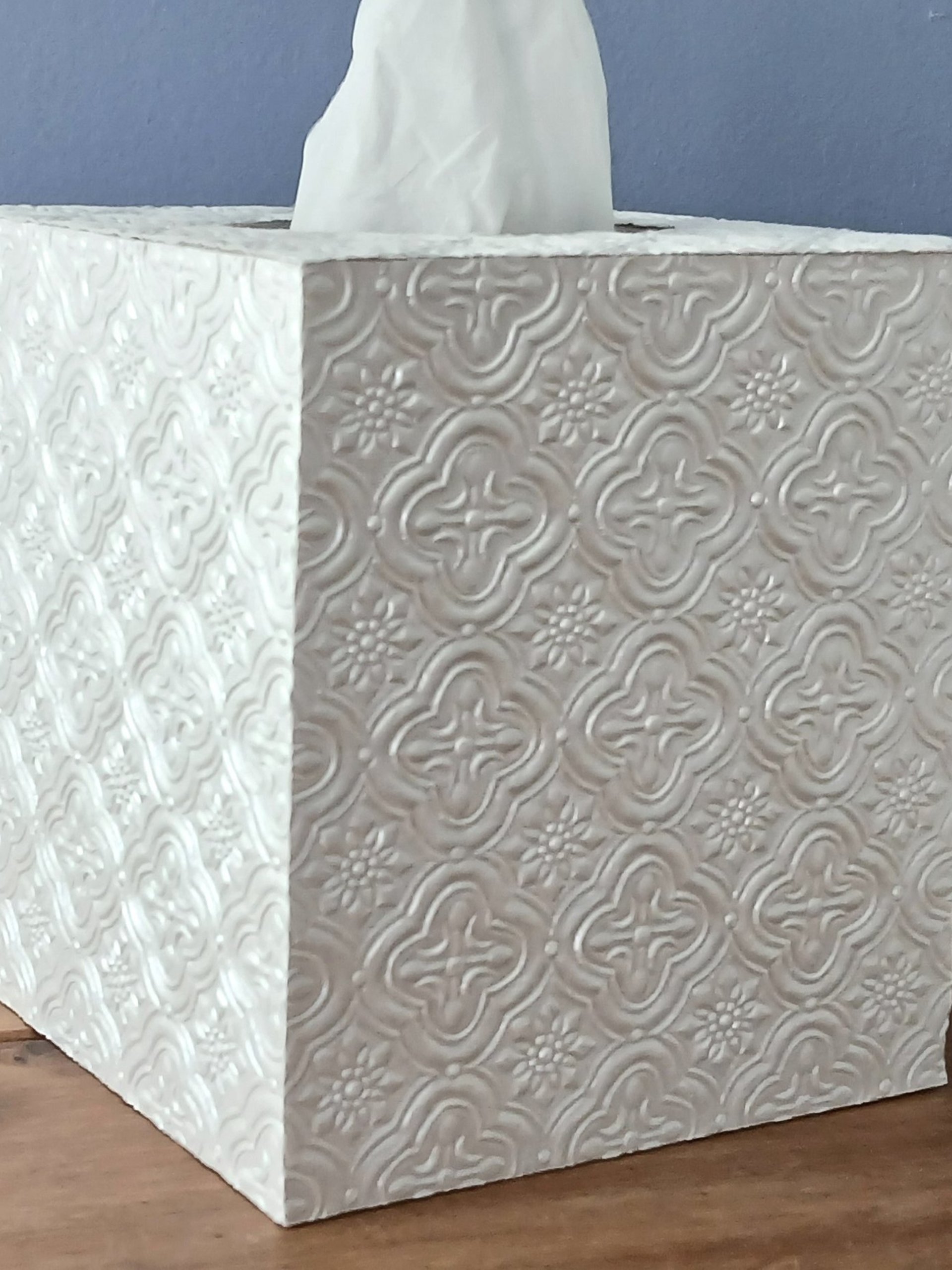 Ivory Medallion Tissue Box Cover - Decorative embossed square tissue holder