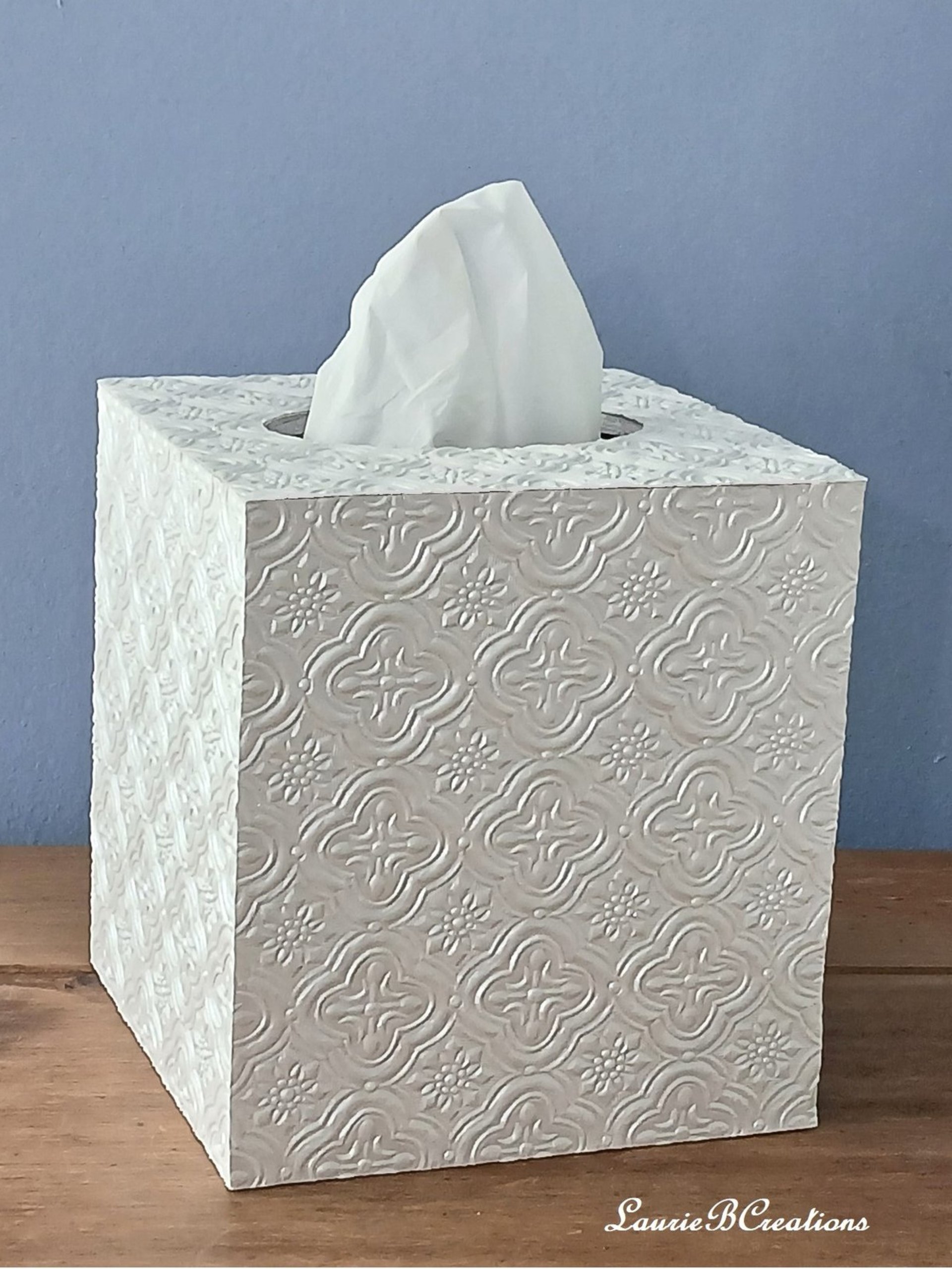 Ivory Medallion Tissue Box Cover - Decorative embossed square tissue holder