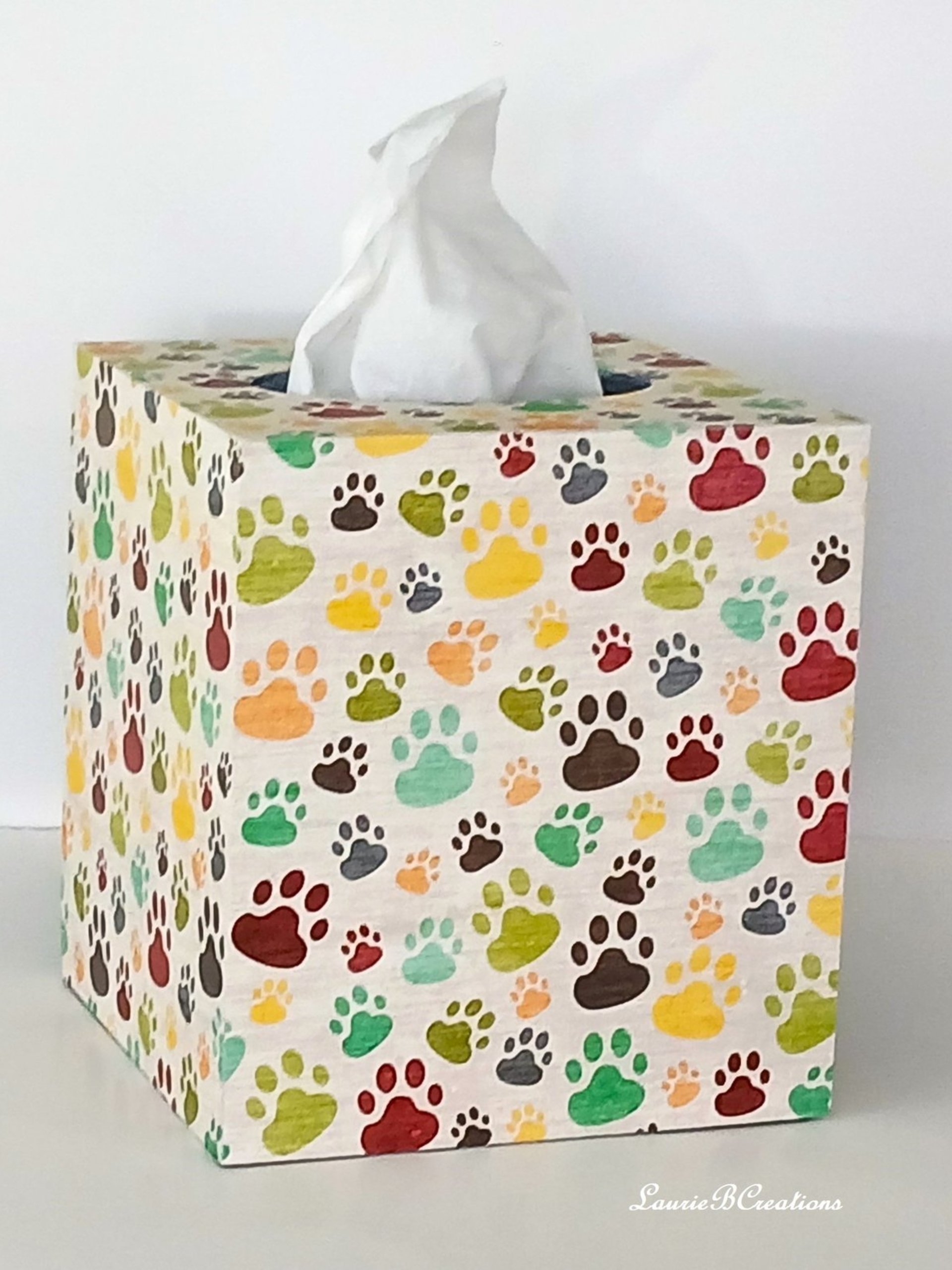Paw Print Tissue Box Cover - Decoupage multi color paws tissue holder