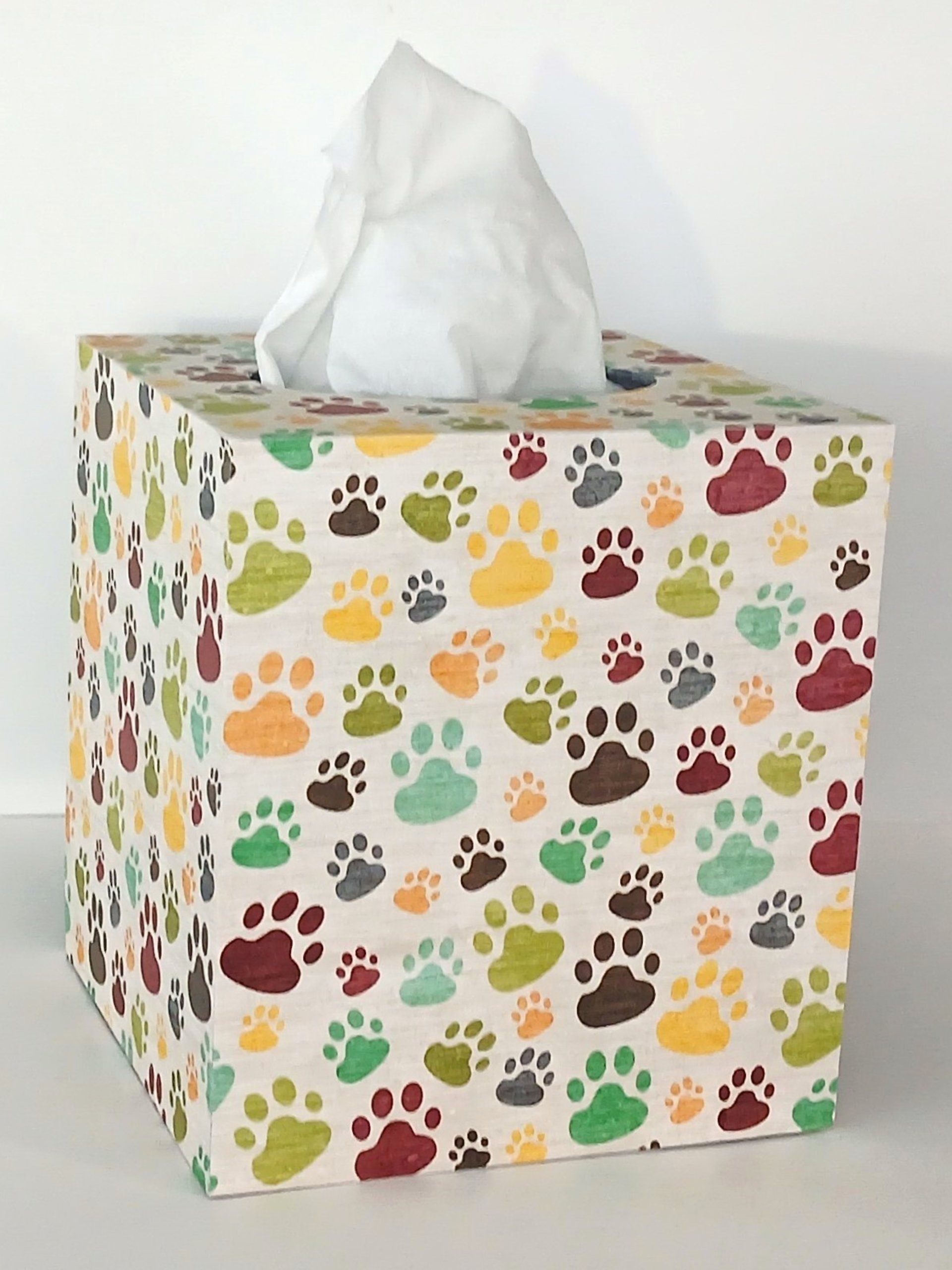 Paw Print Tissue Box Cover - Decoupage multi color paws tissue holder