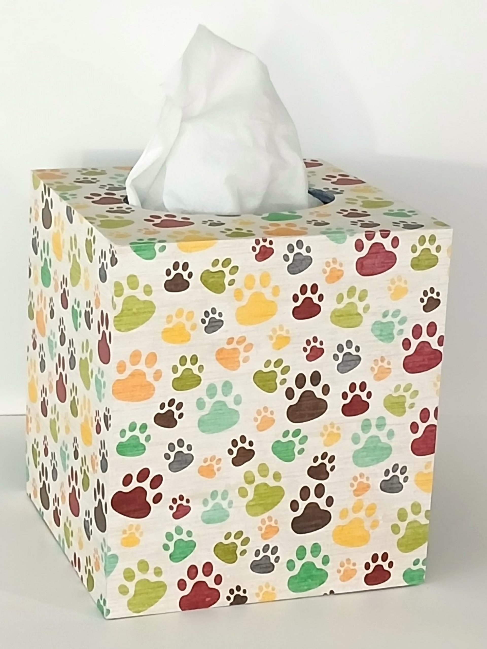 Paw Print Tissue Box Cover - Decoupage multi color paws tissue holder