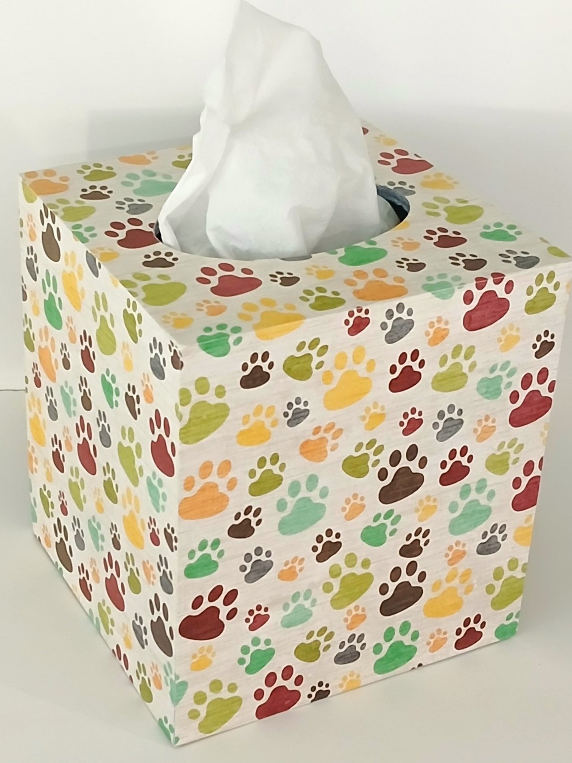 Paw Print Tissue Box Cover - Decoupage multi color paws tissue holder