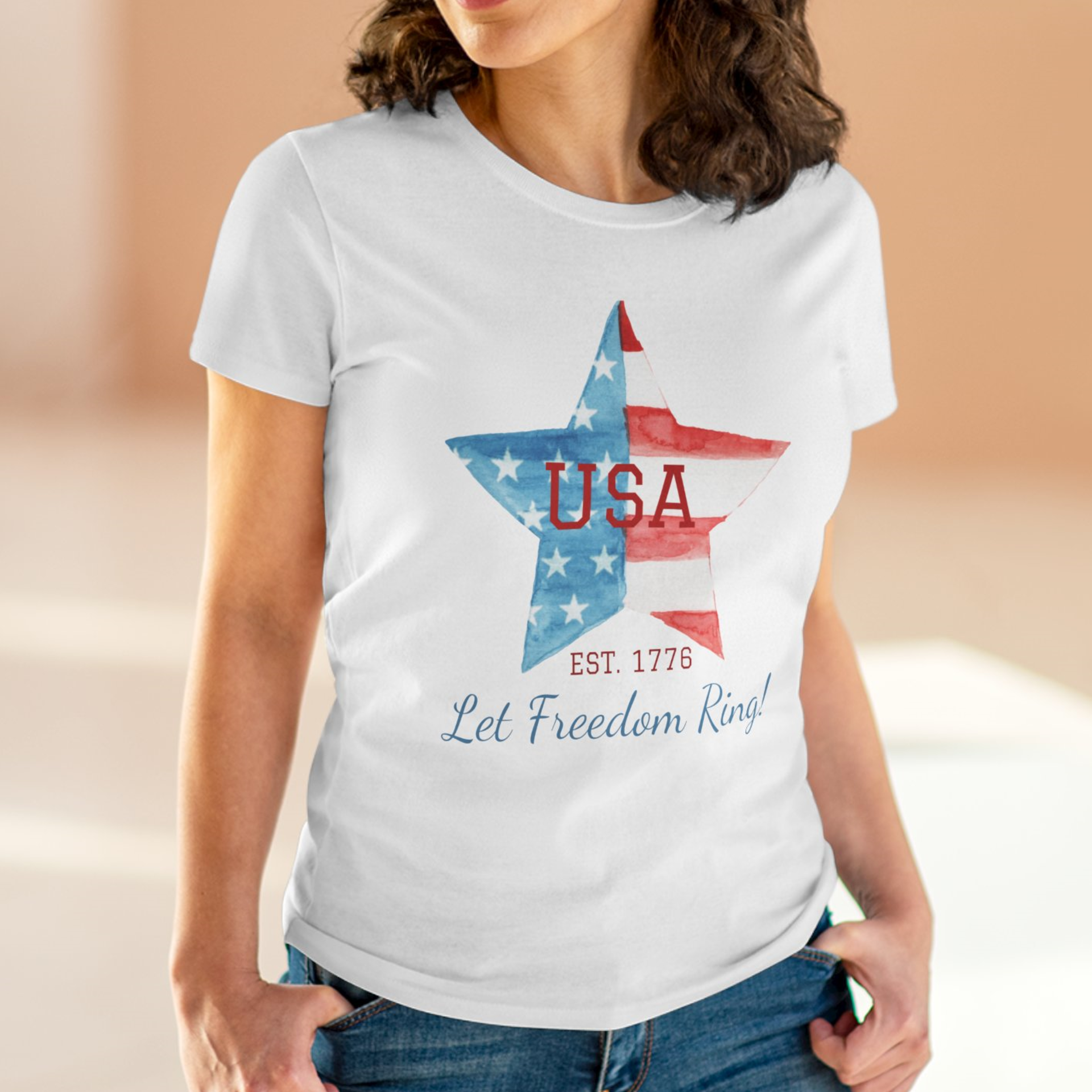 Let Freedom Ring - women's patriotic soft cotton tee, red white and blue