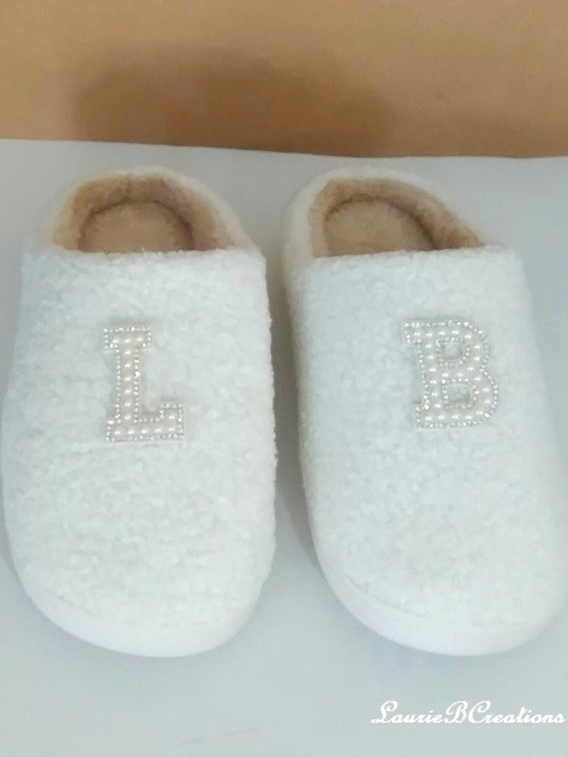 Bling Letter Slippers -  Ivory & tan with pearl rhinestone initials
