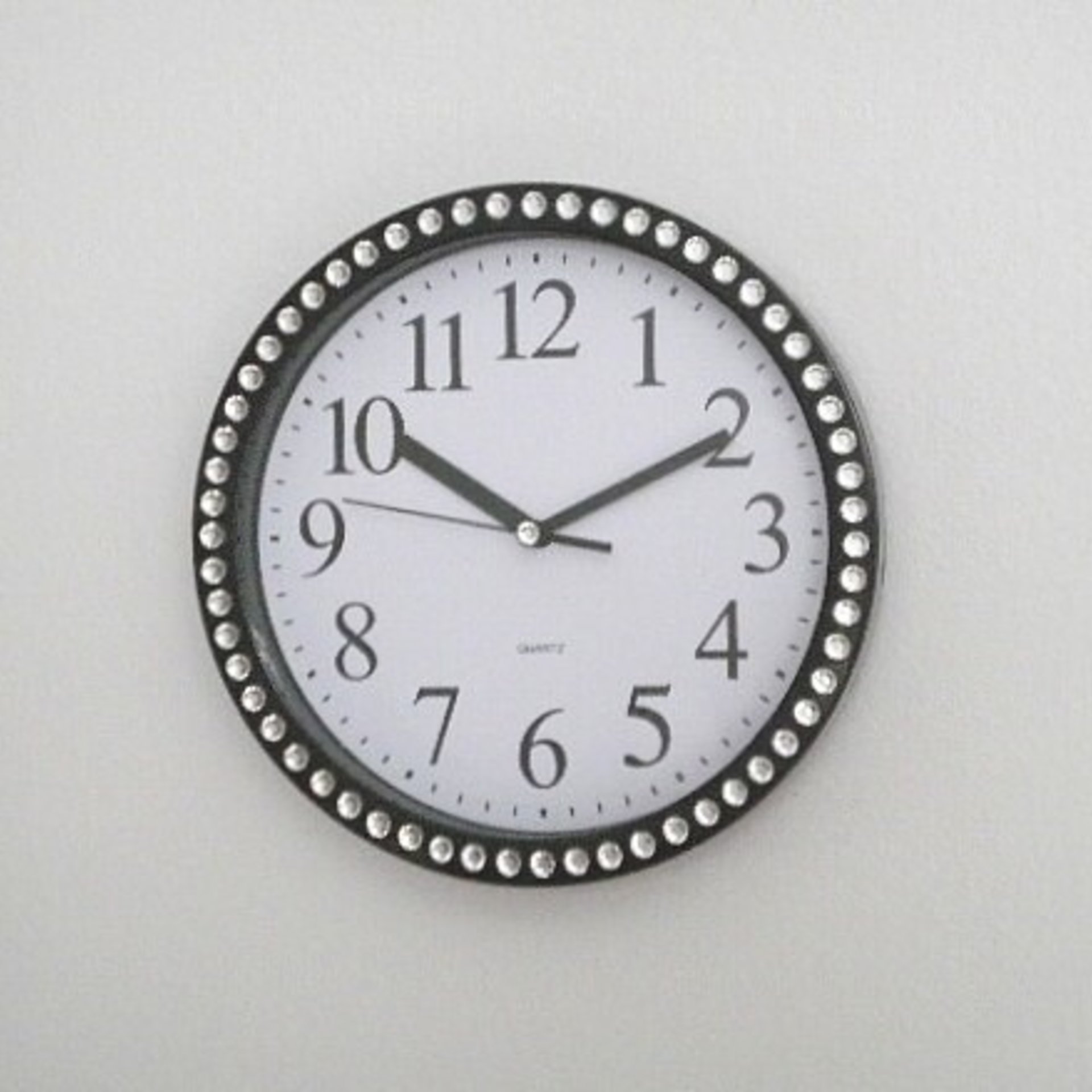 Bling Wall Clock - Decorative Round Black and White Clock w/ Sparkling Clear Rhinestones - 9"