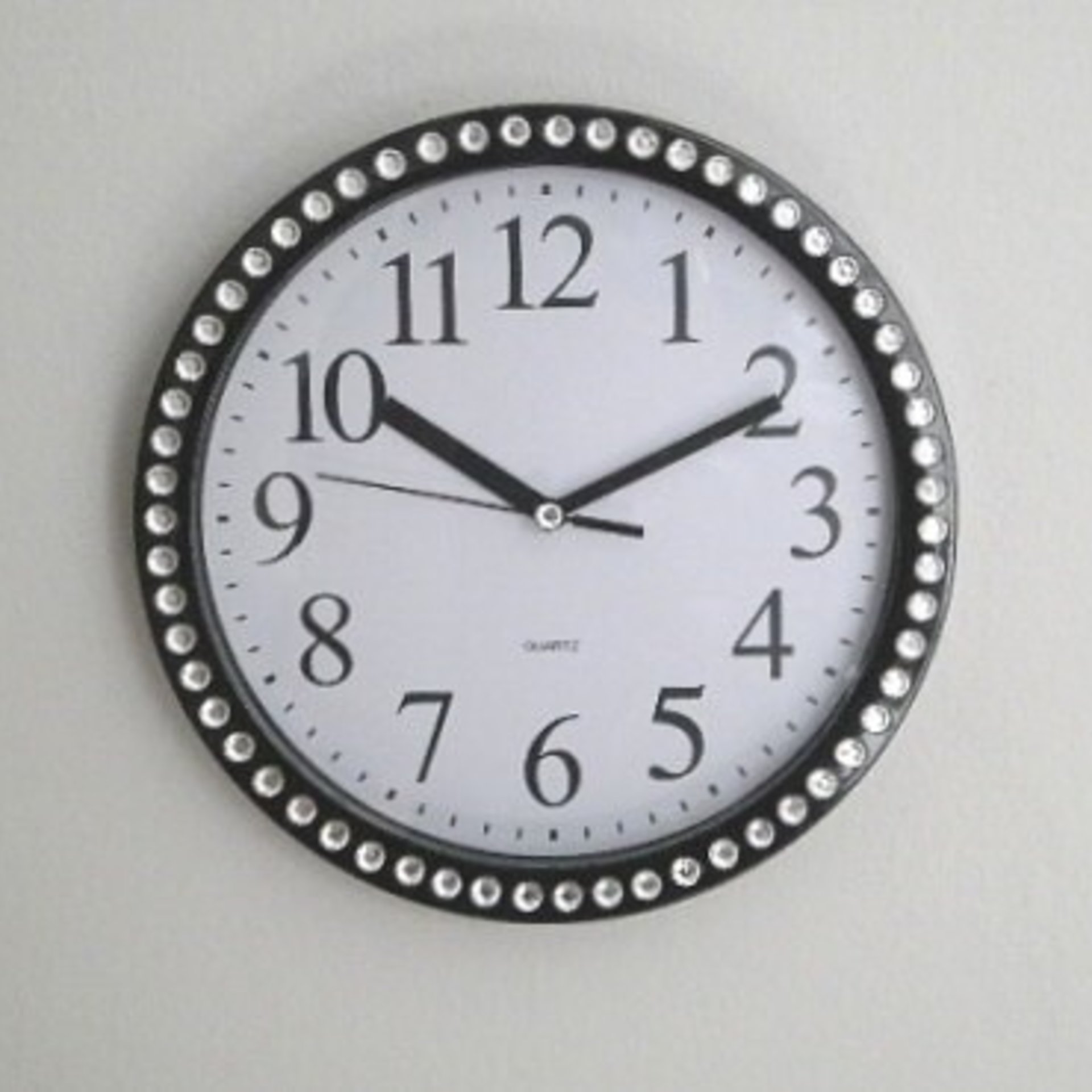 Bling Wall Clock - Decorative Round Black and White Clock w/ Sparkling Clear Rhinestones - 9"