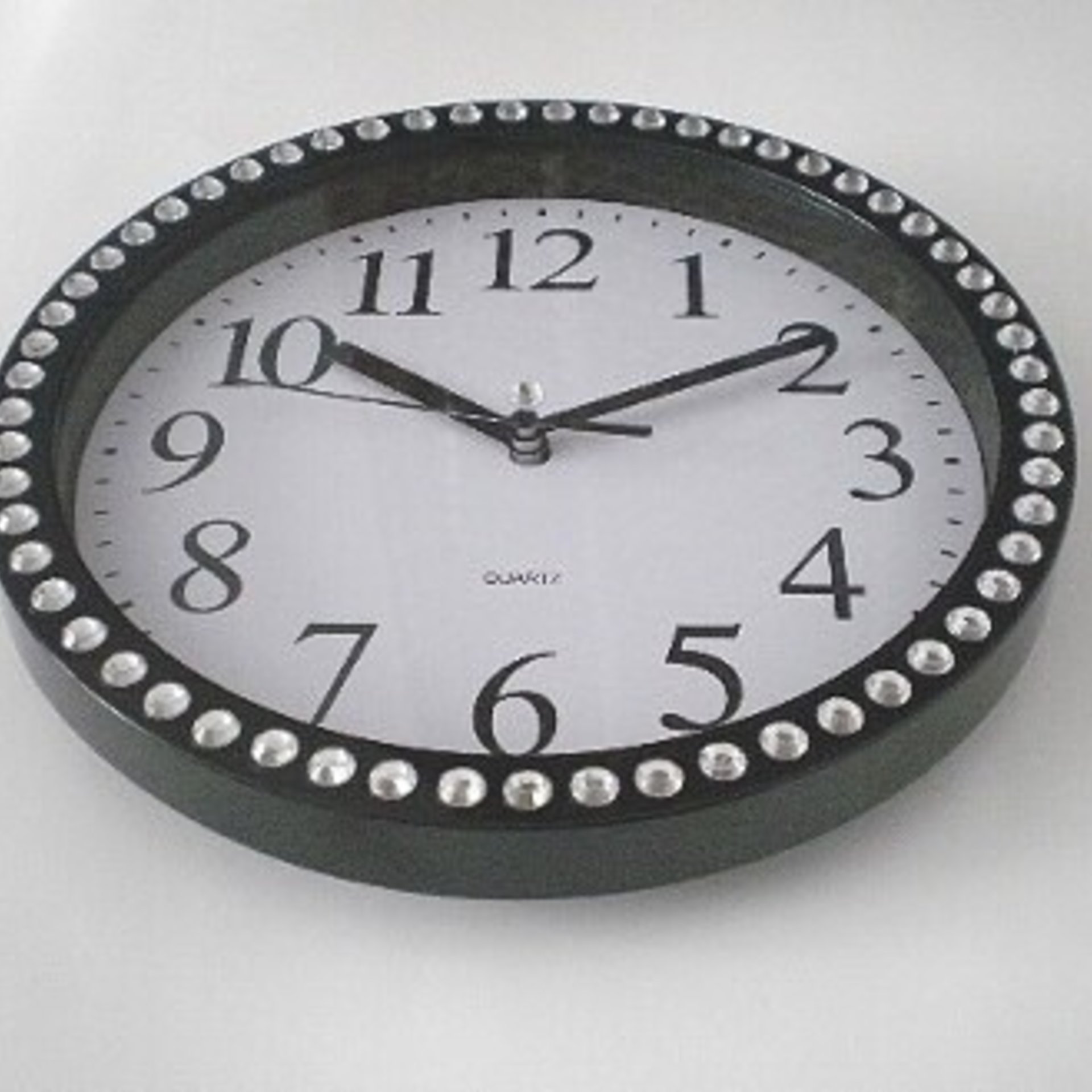 Bling Wall Clock - Decorative Round Black and White Clock w/ Sparkling Clear Rhinestones - 9"