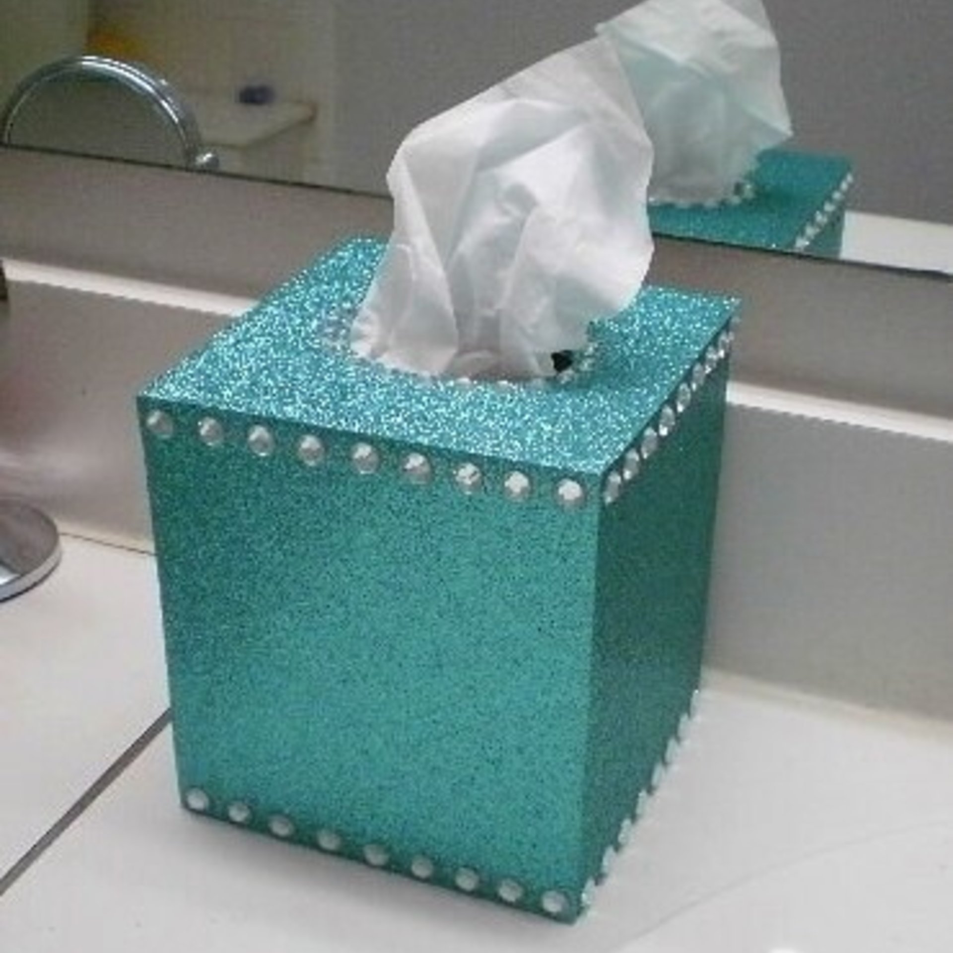 Glitter & Bling Tissue Box Cover-Sparkling Fine Glitter in Turquoise or a Variety of Glitter Colors w/ Clear Rhinestones