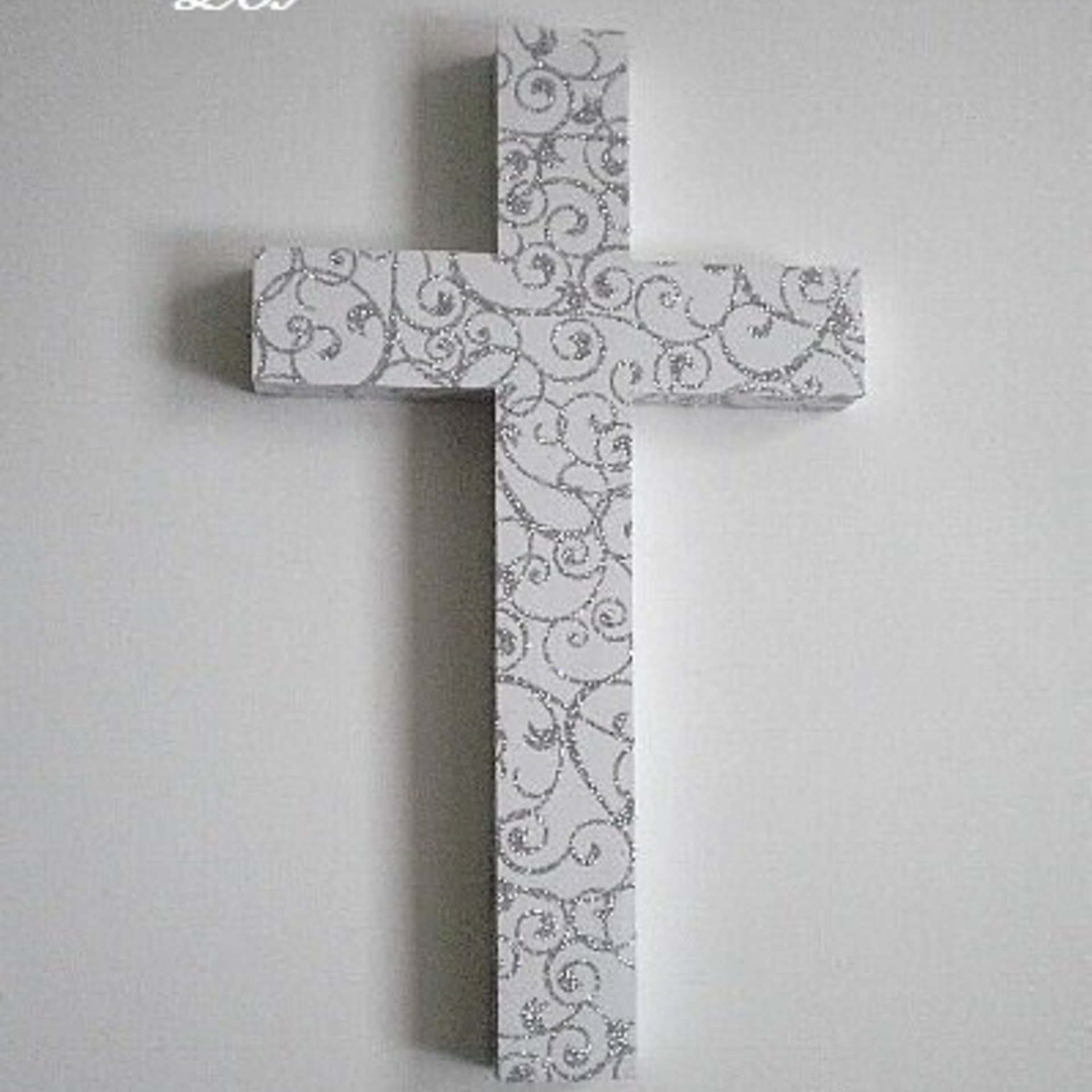 Silver Swirl Cross - White Wall Cross w/ Sparkling Silver Glitter Swirls - 9.5" or 12"