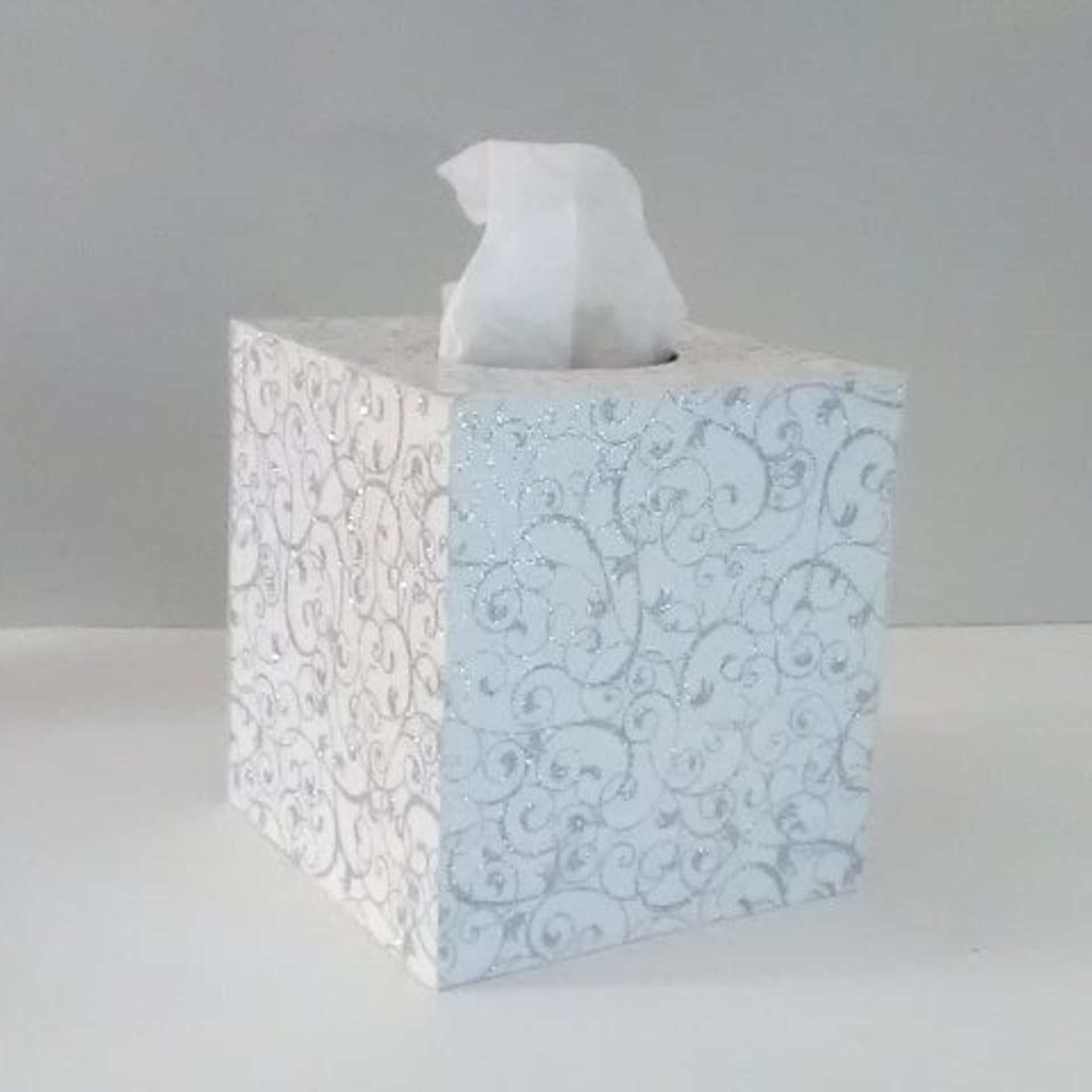 White & Silver Swirl Tissue Box Cover-White w/Sparkling Silver Glitter Swirls,Square Tissue Holder