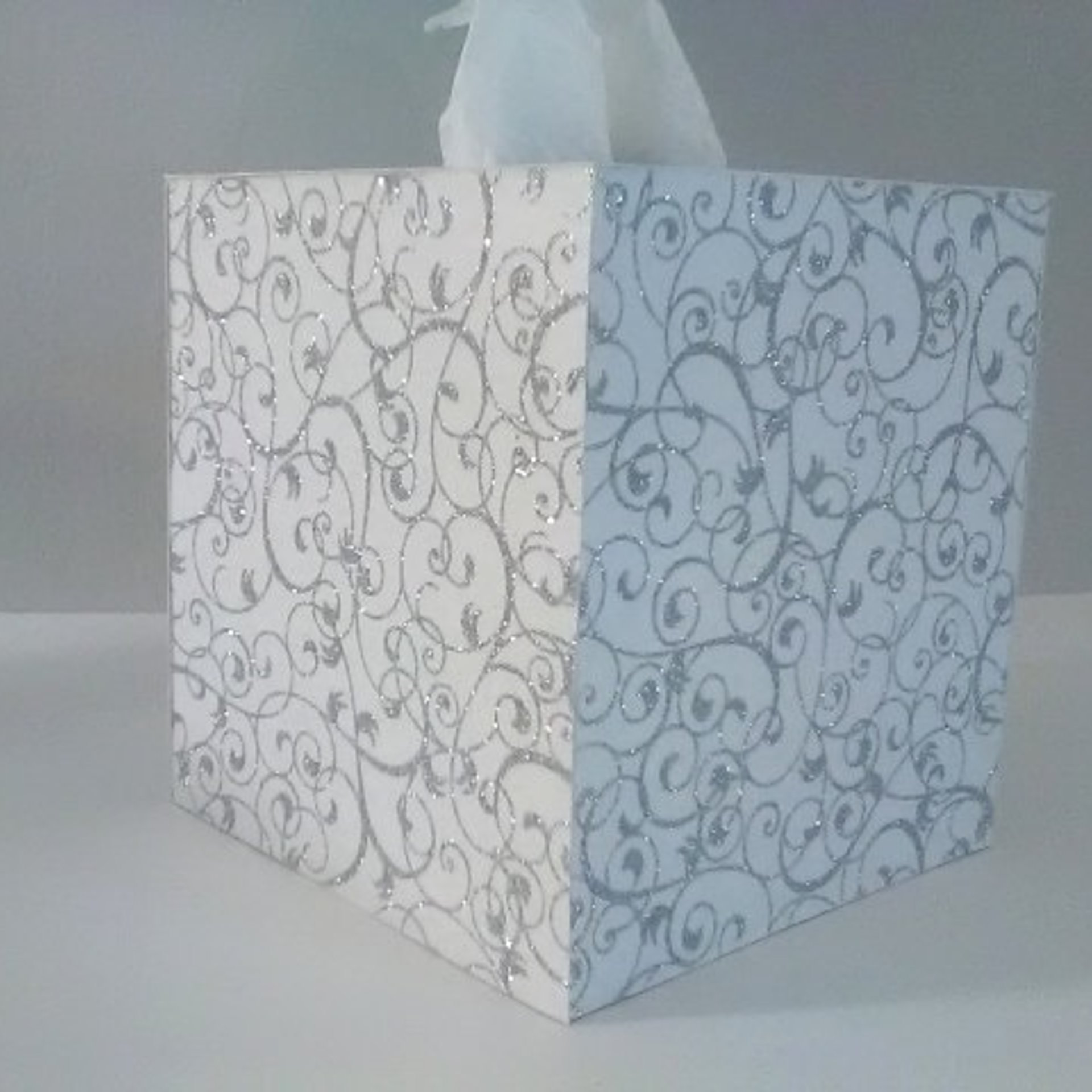 White & Silver Swirl Tissue Box Cover-White w/Sparkling Silver Glitter Swirls,Square Tissue Holder