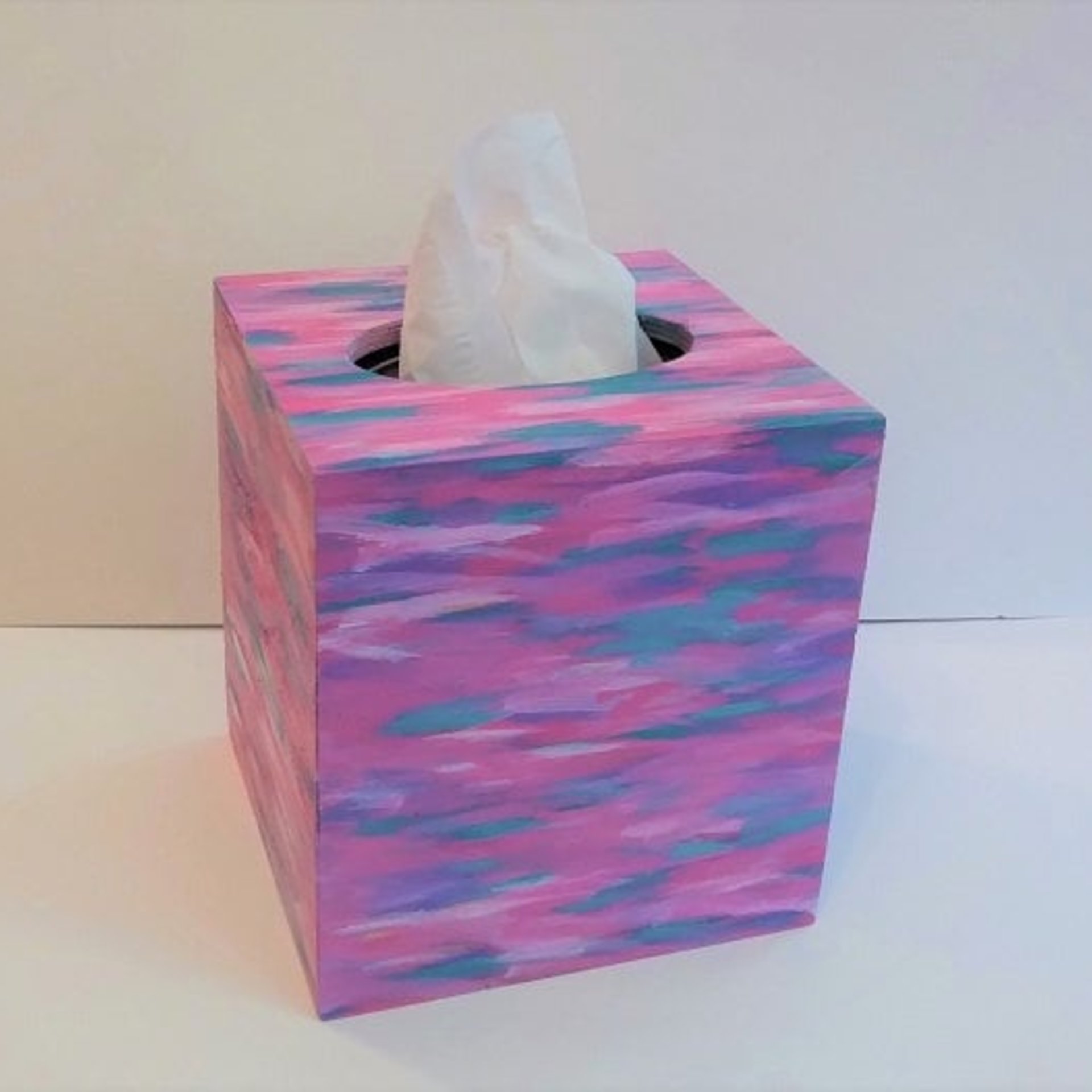 Abstract Tissue Box Cover - Original Handpainted in Shades of Pink,Purple,Teal,One Of A Kind Square Tissue Holder