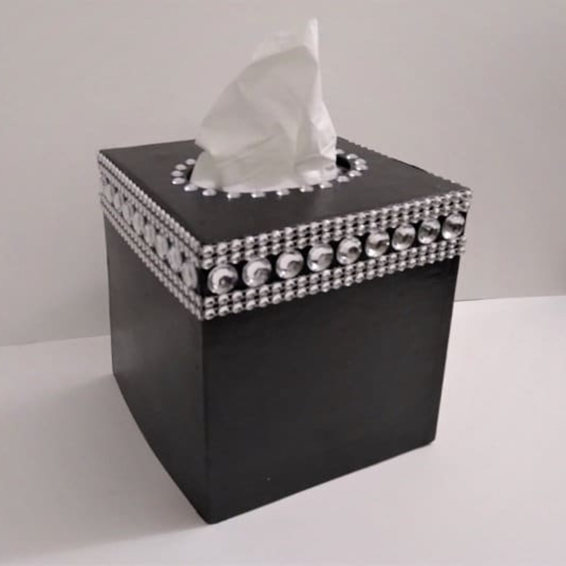 Bling Tissue Box Cover-Handpainted Metallic Silver or Variety of Colors-w/Clear Rhinestones and Silver Diamond Wrap