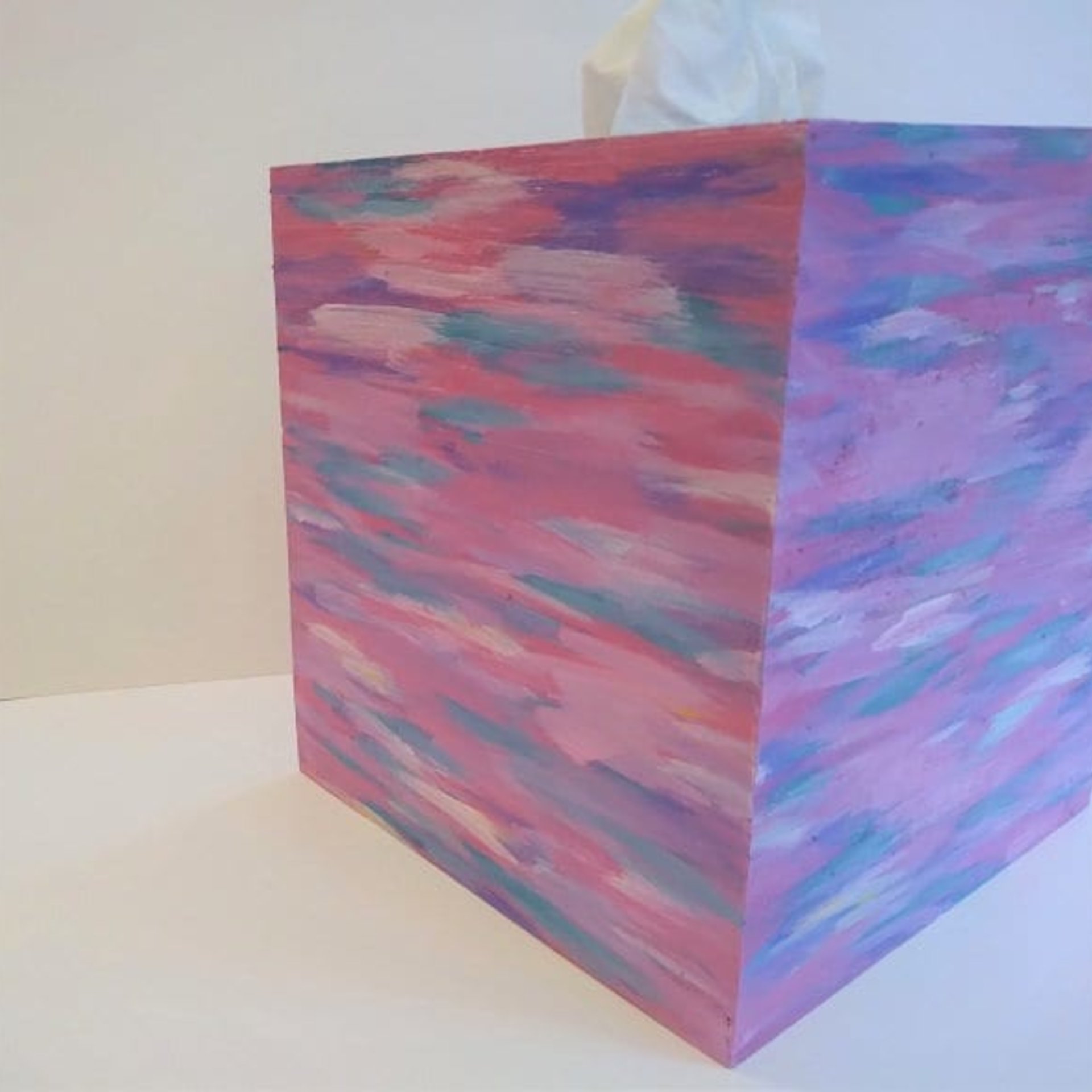 Abstract Tissue Box Cover - Original Handpainted in Shades of Pink,Purple,Teal,One Of A Kind Square Tissue Holder